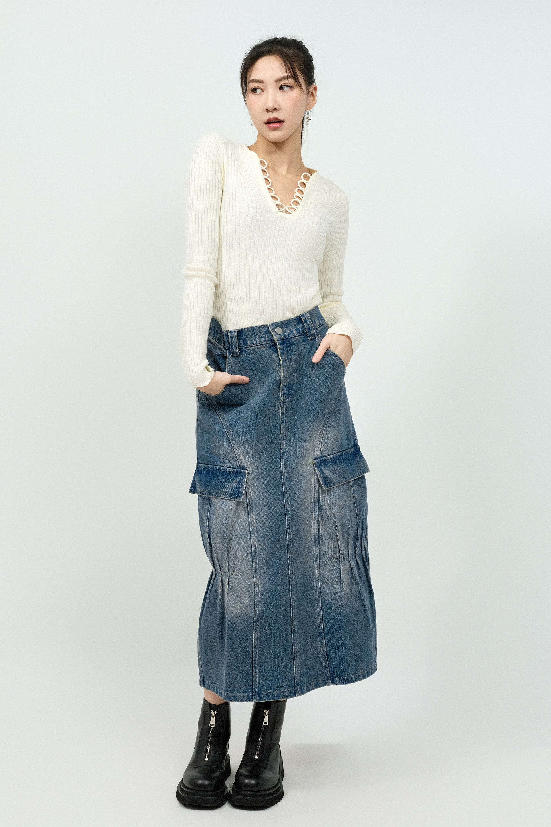 特式車褶軍袋牛仔裙 (預購產品）