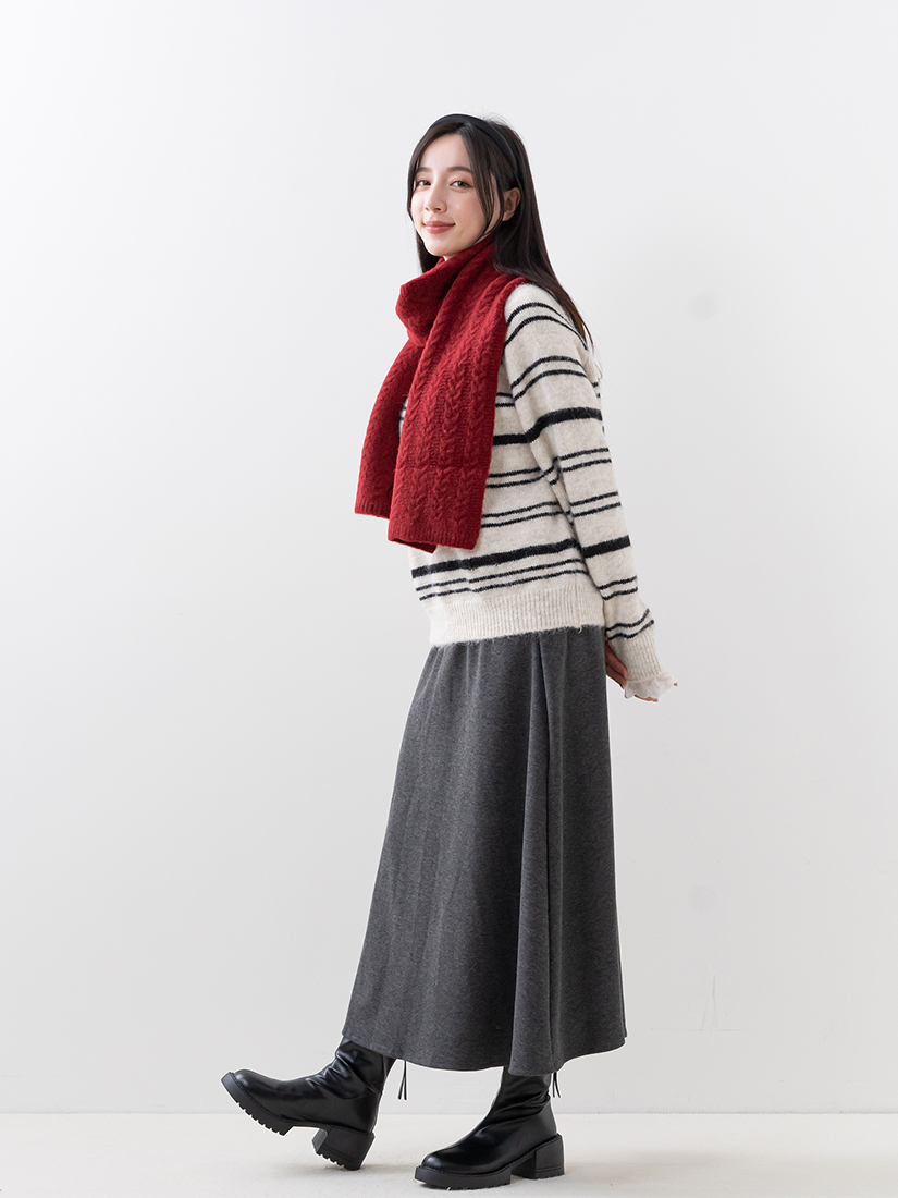 蕾絲條紋針織毛衣顯瘦針織棉A字長裙