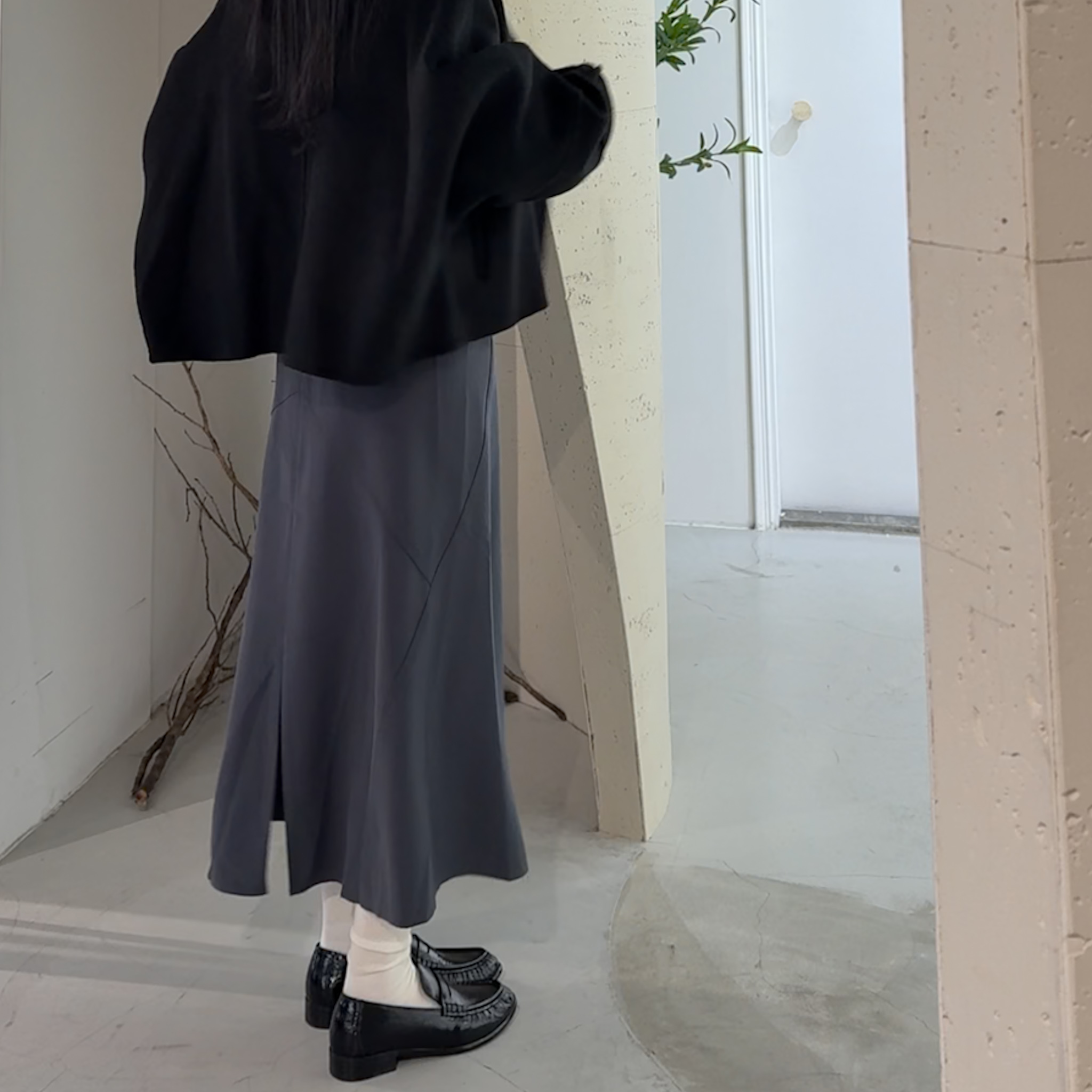 J14 不規則傘擺西料裙(灰藍，SM)