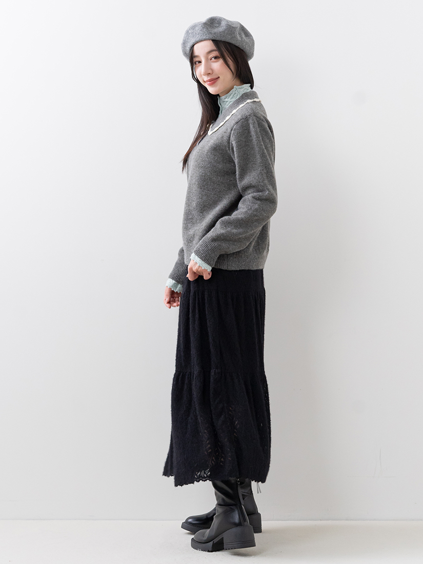 蕾絲針織上衣鏤空針織外套絨毛蛋糕長裙組合