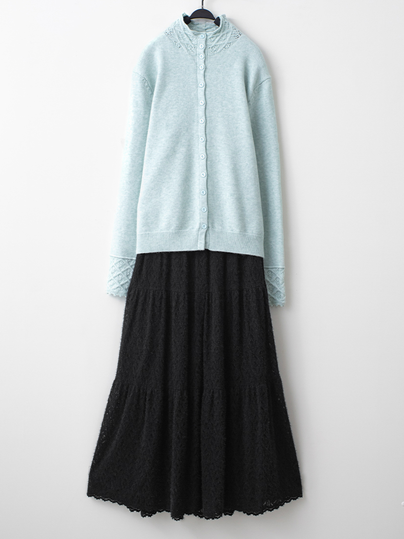 菱格蕾絲針織外套緹花絨毛蛋糕長裙組合