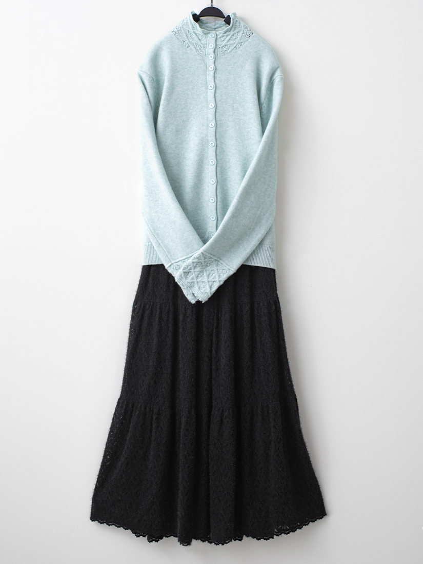 菱格蕾絲針織外套緹花絨毛蛋糕長裙組合