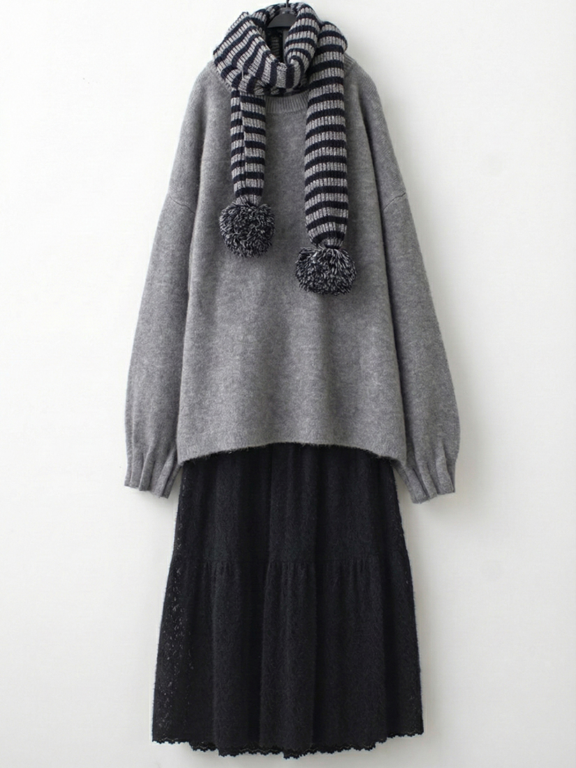 袖口抓褶弧形長版毛衣緹花蕾絲絨毛蛋糕長裙組合