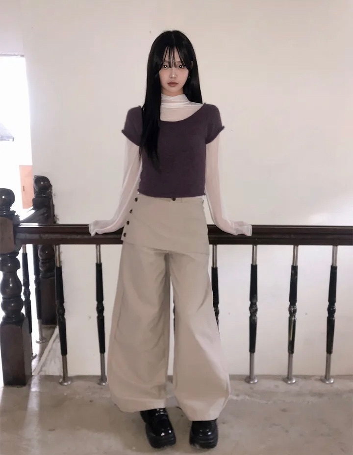 【1/2截單！首批優惠價預訂】人氣彎刀褲！KR LAYERED BUTTON WRAP WIDE SLACKS PANTS（4色）