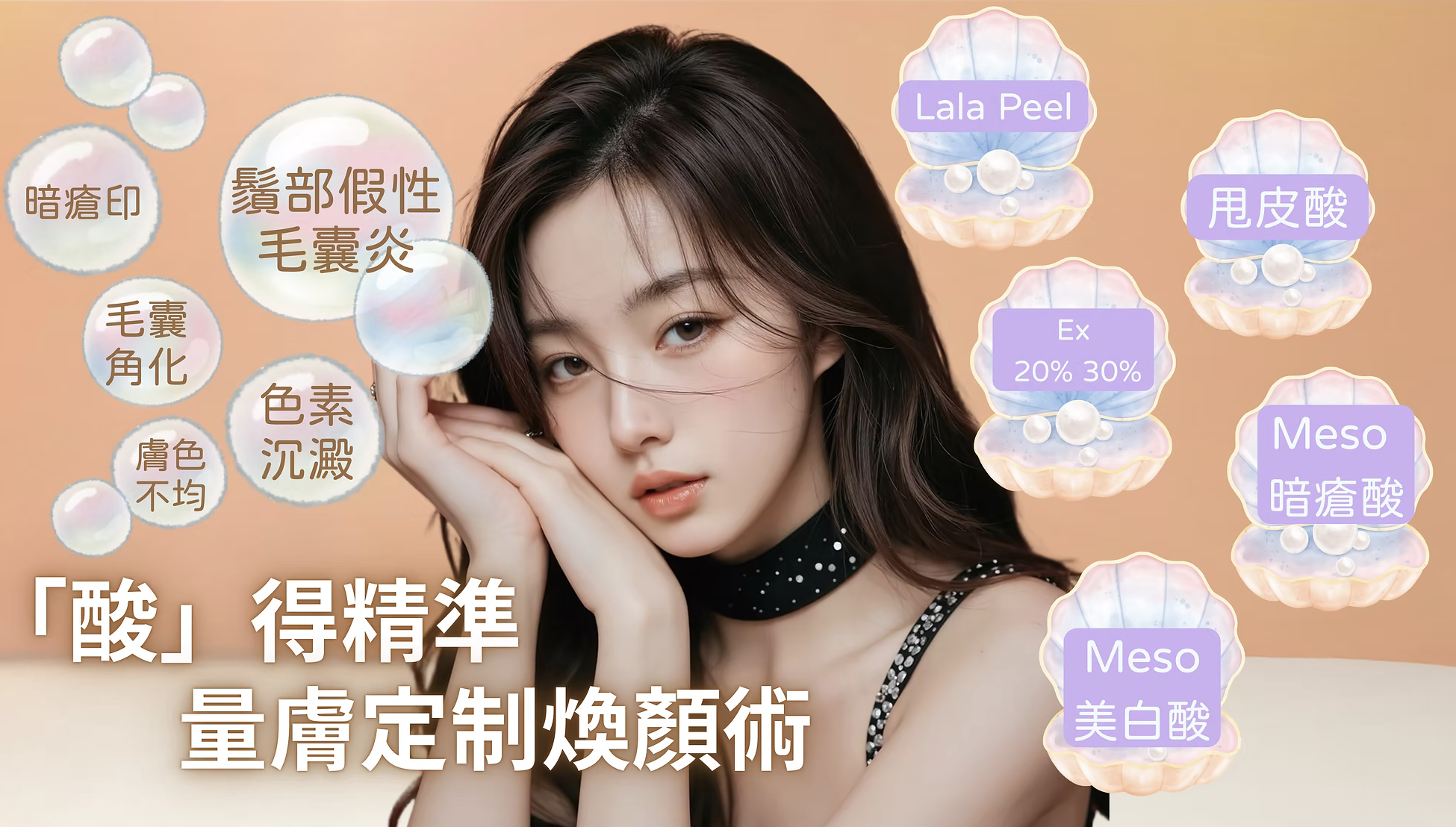 打破傳統單一煥膚限制。我們針對每位客人的膚質與局部問題，量身自由搭配六大醫學級酸類： 醫美界首創的 Lala Peel 溫和煥膚，利用 LHA 專利鹼性技術強化屏障，適合敏感肌即時提亮；針對毛孔與粉刺，選用 Meso 暗瘡酸（水楊酸）深度控油並疏通毛孔。若追求極致平滑，Meso 陶瓷肌能將代謝週期縮短至 5 天，打造零毛孔質感；而針對各類色斑與痘印，則由 Meso 美白酸精準擊碎黑色素。對於局部角質肥厚或頑固瑕疵，結合 Ex 20%/30% 與 甩皮酸，重點處理 T 區、關節或背部粗糙。這種「分區精準施作」的標靶策略，確保高活性成分直達問題根源，實現無痛、高效且全方位的肌膚重生。