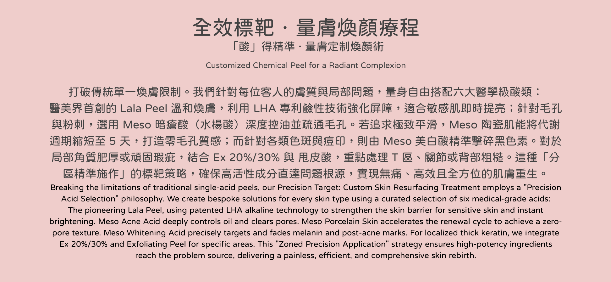 打破傳統單一煥膚限制。我們針對每位客人的膚質與局部問題，量身自由搭配六大醫學級酸類： 醫美界首創的 Lala Peel 溫和煥膚，利用 LHA 專利鹼性技術強化屏障，適合敏感肌即時提亮；針對毛孔與粉刺，選用 Meso 暗瘡酸（水楊酸）深度控油並疏通毛孔。若追求極致平滑，Meso 陶瓷肌能將代謝週期縮短至 5 天，打造零毛孔質感；而針對各類色斑與痘印，則由 Meso 美白酸精準擊碎黑色素。對於局部角質肥厚或頑固瑕疵，結合 Ex 20%/30% 與 甩皮酸，重點處理 T 區、關節或背部粗糙。這種「分區精準施作」的標靶策略，確保高活性成分直達問題根源，實現無痛、高效且全方位的肌膚重生。