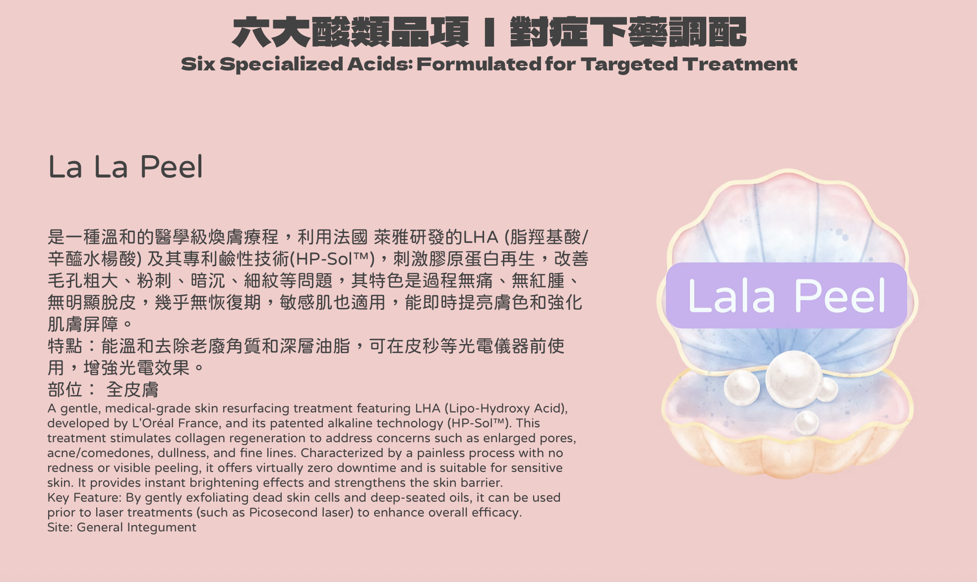 打破傳統單一煥膚限制。我們針對每位客人的膚質與局部問題，量身自由搭配六大醫學級酸類： 醫美界首創的 Lala Peel 溫和煥膚，利用 LHA 專利鹼性技術強化屏障，適合敏感肌即時提亮；針對毛孔與粉刺，選用 Meso 暗瘡酸（水楊酸）深度控油並疏通毛孔。若追求極致平滑，Meso 陶瓷肌能將代謝週期縮短至 5 天，打造零毛孔質感；而針對各類色斑與痘印，則由 Meso 美白酸精準擊碎黑色素。對於局部角質肥厚或頑固瑕疵，結合 Ex 20%/30% 與 甩皮酸，重點處理 T 區、關節或背部粗糙。這種「分區精準施作」的標靶策略，確保高活性成分直達問題根源，實現無痛、高效且全方位的肌膚重生。