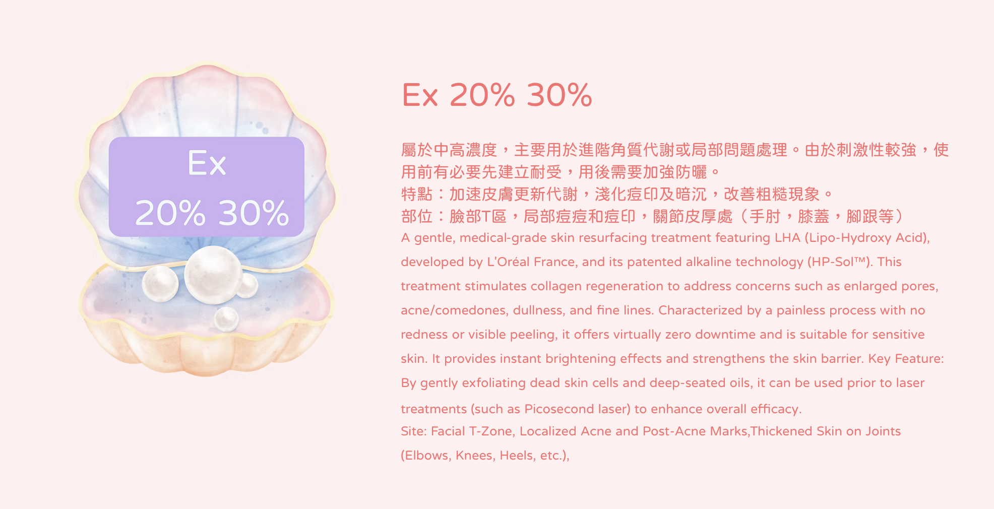 打破傳統單一煥膚限制。我們針對每位客人的膚質與局部問題，量身自由搭配六大醫學級酸類： 醫美界首創的 Lala Peel 溫和煥膚，利用 LHA 專利鹼性技術強化屏障，適合敏感肌即時提亮；針對毛孔與粉刺，選用 Meso 暗瘡酸（水楊酸）深度控油並疏通毛孔。若追求極致平滑，Meso 陶瓷肌能將代謝週期縮短至 5 天，打造零毛孔質感；而針對各類色斑與痘印，則由 Meso 美白酸精準擊碎黑色素。對於局部角質肥厚或頑固瑕疵，結合 Ex 20%/30% 與 甩皮酸，重點處理 T 區、關節或背部粗糙。這種「分區精準施作」的標靶策略，確保高活性成分直達問題根源，實現無痛、高效且全方位的肌膚重生。