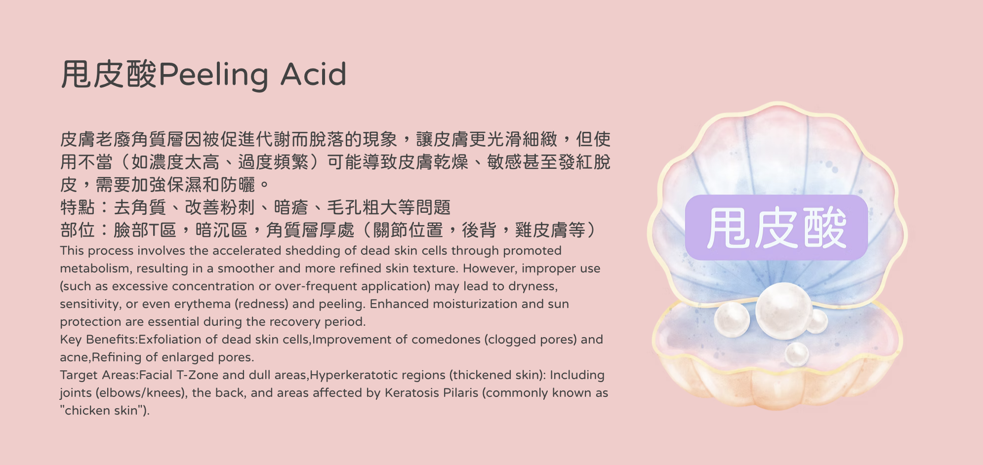 打破傳統單一煥膚限制。我們針對每位客人的膚質與局部問題，量身自由搭配六大醫學級酸類： 醫美界首創的 Lala Peel 溫和煥膚，利用 LHA 專利鹼性技術強化屏障，適合敏感肌即時提亮；針對毛孔與粉刺，選用 Meso 暗瘡酸（水楊酸）深度控油並疏通毛孔。若追求極致平滑，Meso 陶瓷肌能將代謝週期縮短至 5 天，打造零毛孔質感；而針對各類色斑與痘印，則由 Meso 美白酸精準擊碎黑色素。對於局部角質肥厚或頑固瑕疵，結合 Ex 20%/30% 與 甩皮酸，重點處理 T 區、關節或背部粗糙。這種「分區精準施作」的標靶策略，確保高活性成分直達問題根源，實現無痛、高效且全方位的肌膚重生。