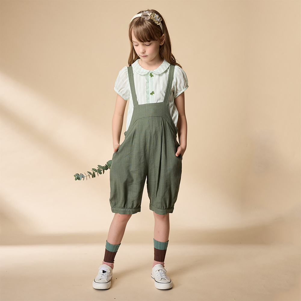 PIPPY 氣質小圓翻領直條剪接蕾絲短袖 襯衫上衣   綠