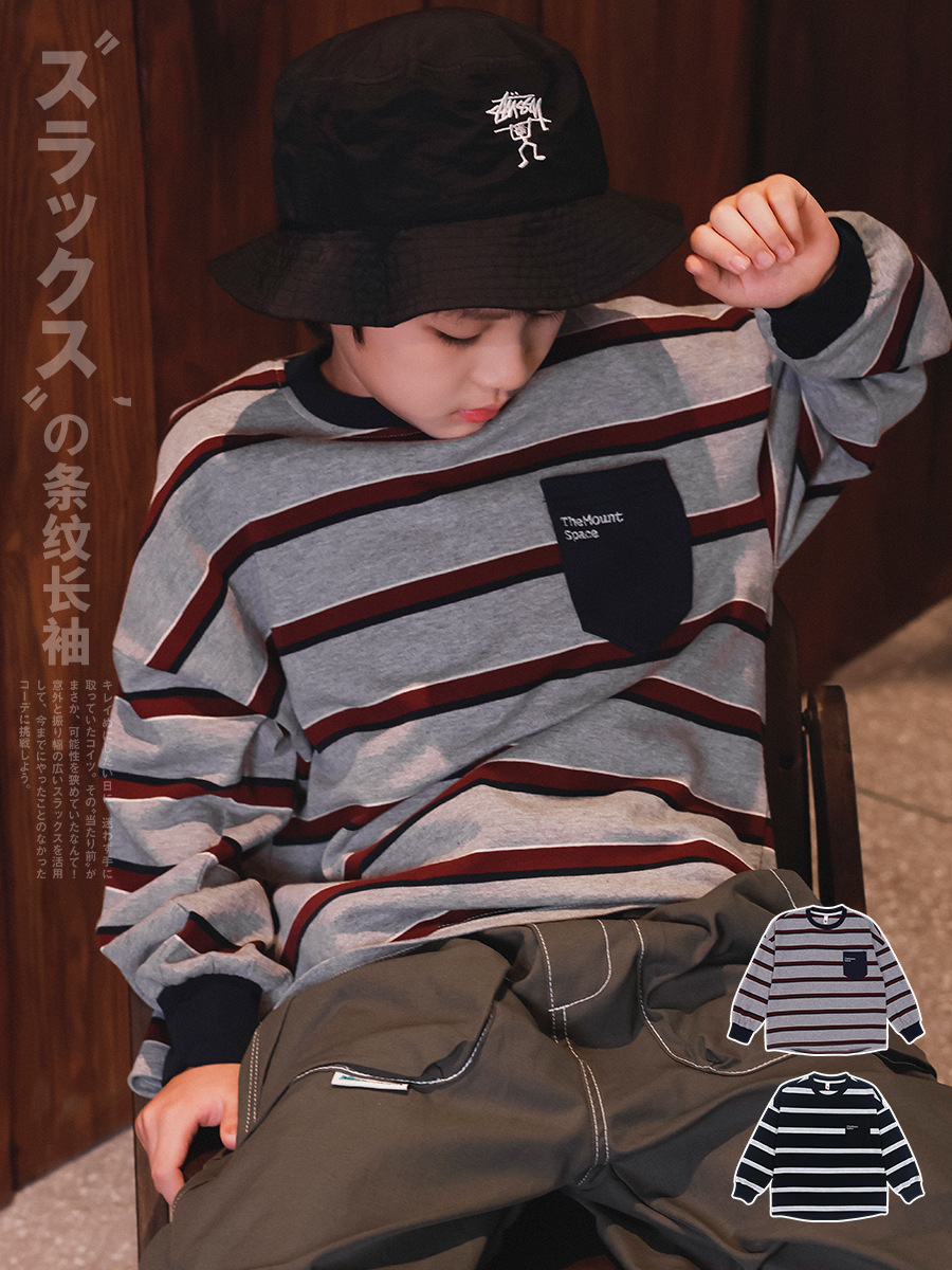 日系刺繡口袋條紋上衣(110-170)