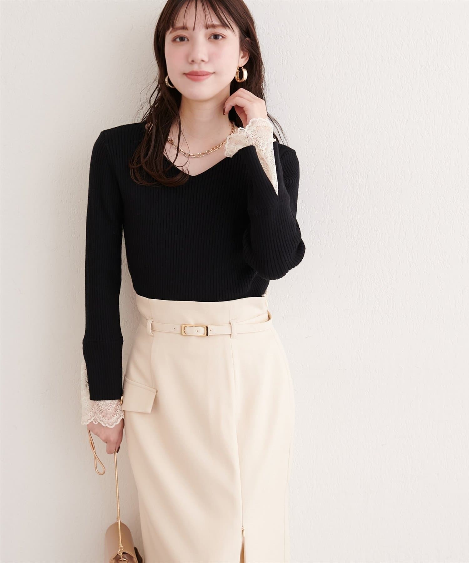 [現貨優惠] natural couture 大人氣前後2WAY袖口蕾絲羅紋針織上衣 黑