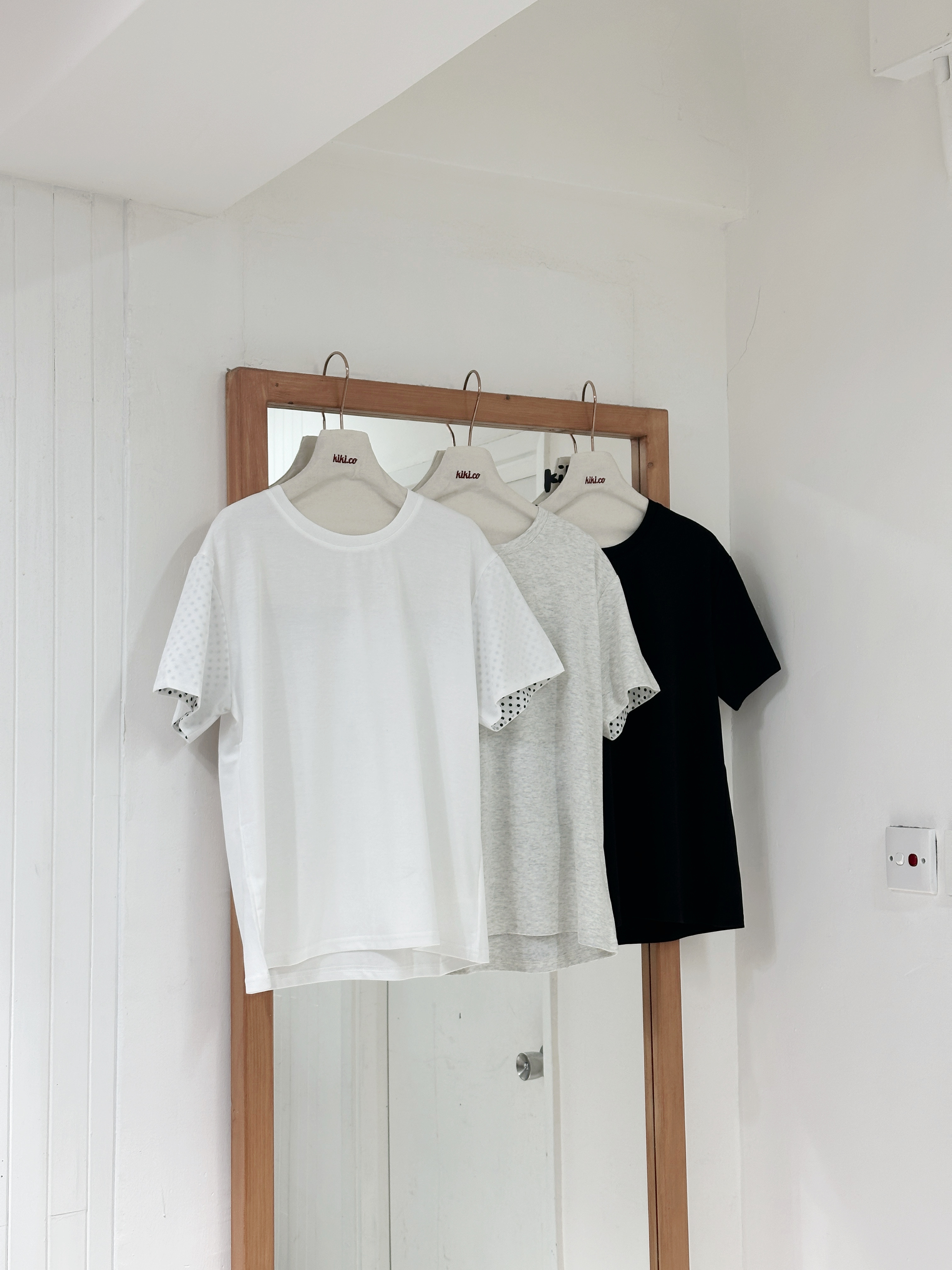 波點內膽袖拼色短袖上衣連髮圈