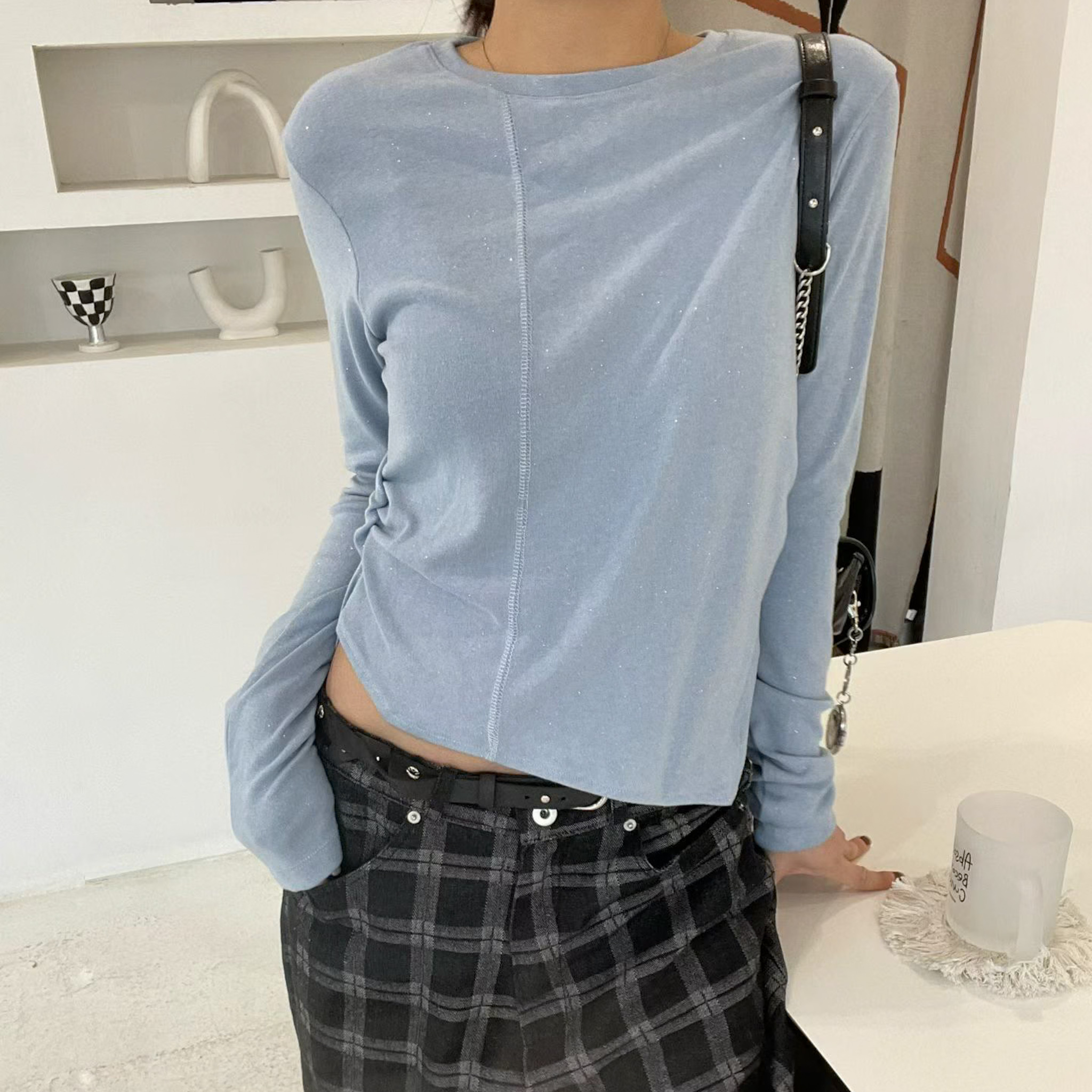 J22 雙側抓皺細閃舒服T(白/藍/灰)