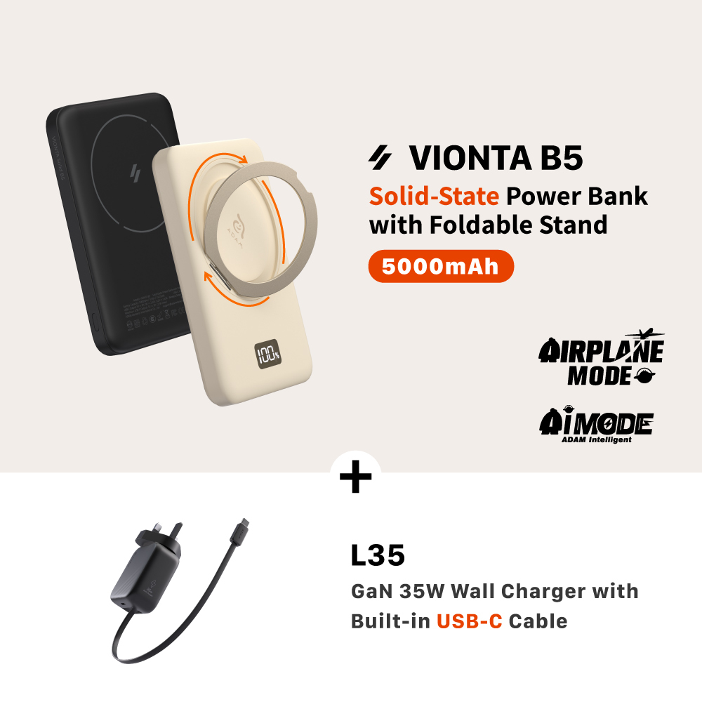 VIONTA B5 Solid-State Power Bank with Foldable Stand + L35 UK GaN 35W Wall Charger with Built-In USB-C Cable