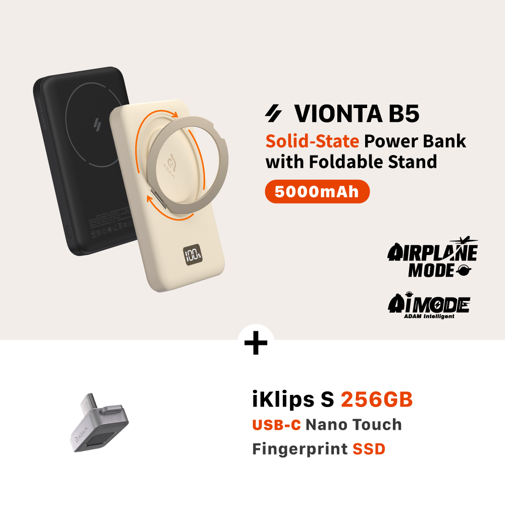 VIONTA B5 Solid-State Power Bank with Foldable Stand + iKlips S USB-C Nano Touch Fingerprint SSD