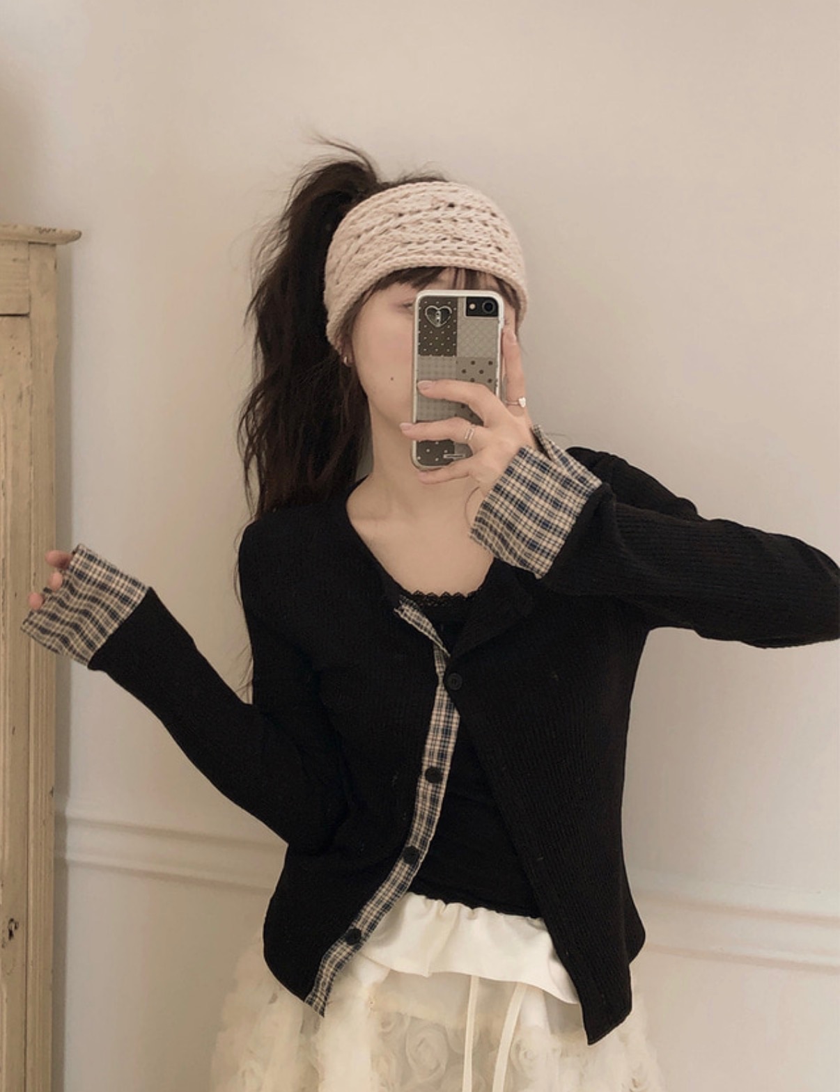 【1/2截單！首批優惠價預訂】韓國格紋袖口針織外套（2色）