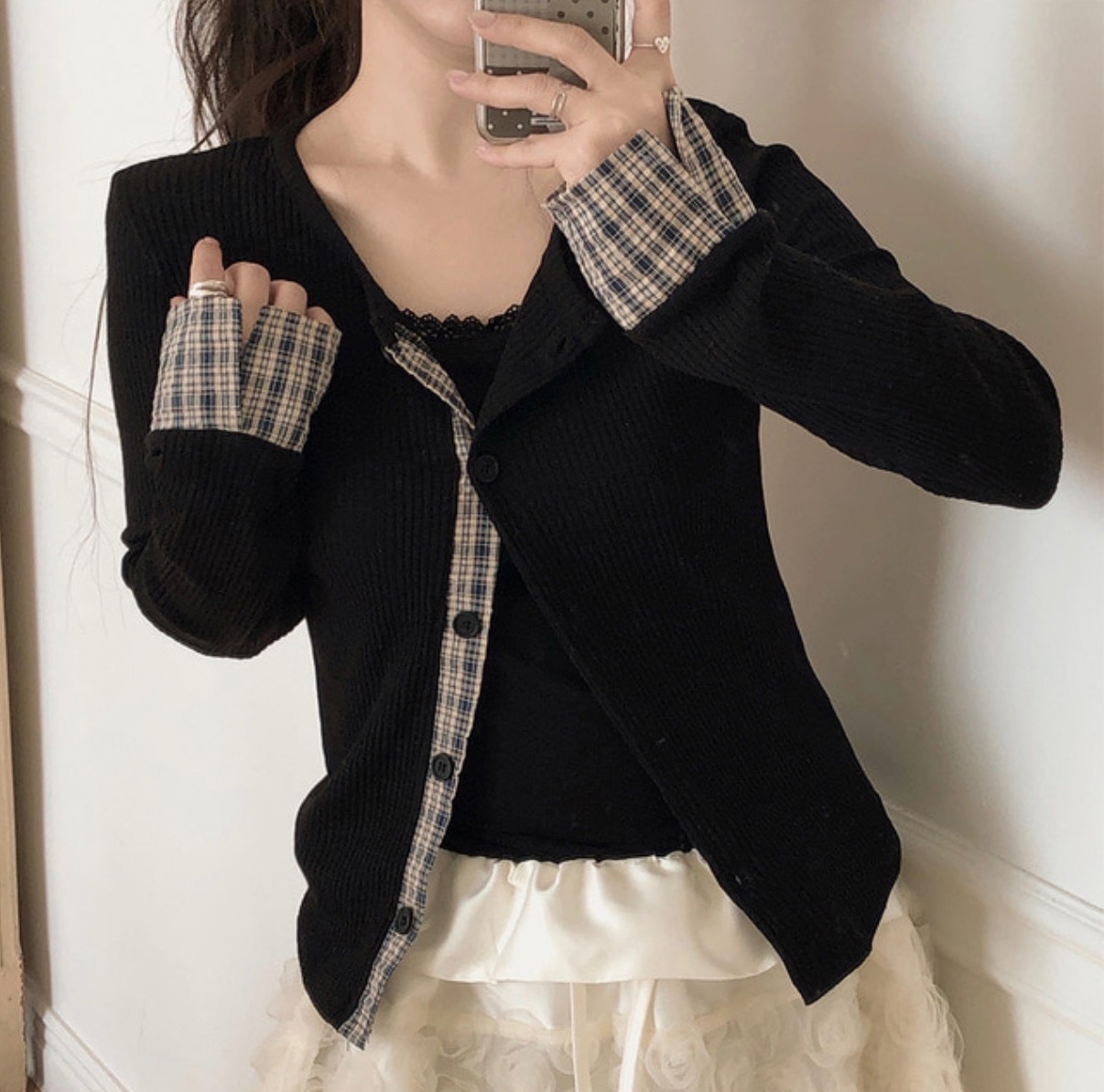 【1/2截單！首批優惠價預訂】韓國格紋袖口針織外套（2色）