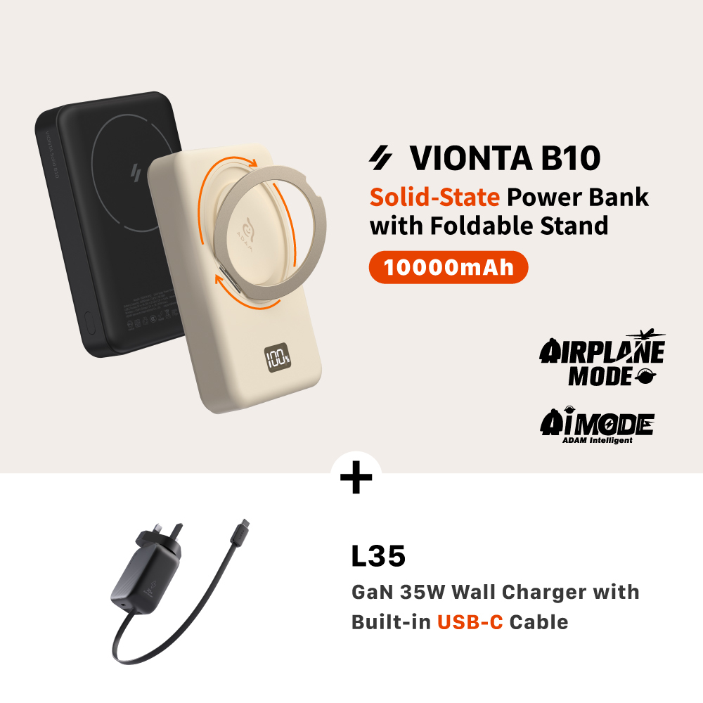 VIONTA B10 Solid-State Power Bank with Foldable Stand + L35 UK GaN 35W Wall Charger with Built-In USB-C Cable