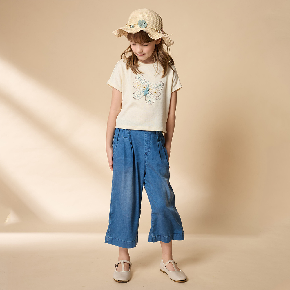 PIPPY 優雅舒適天絲棉寬口9分長褲 藍