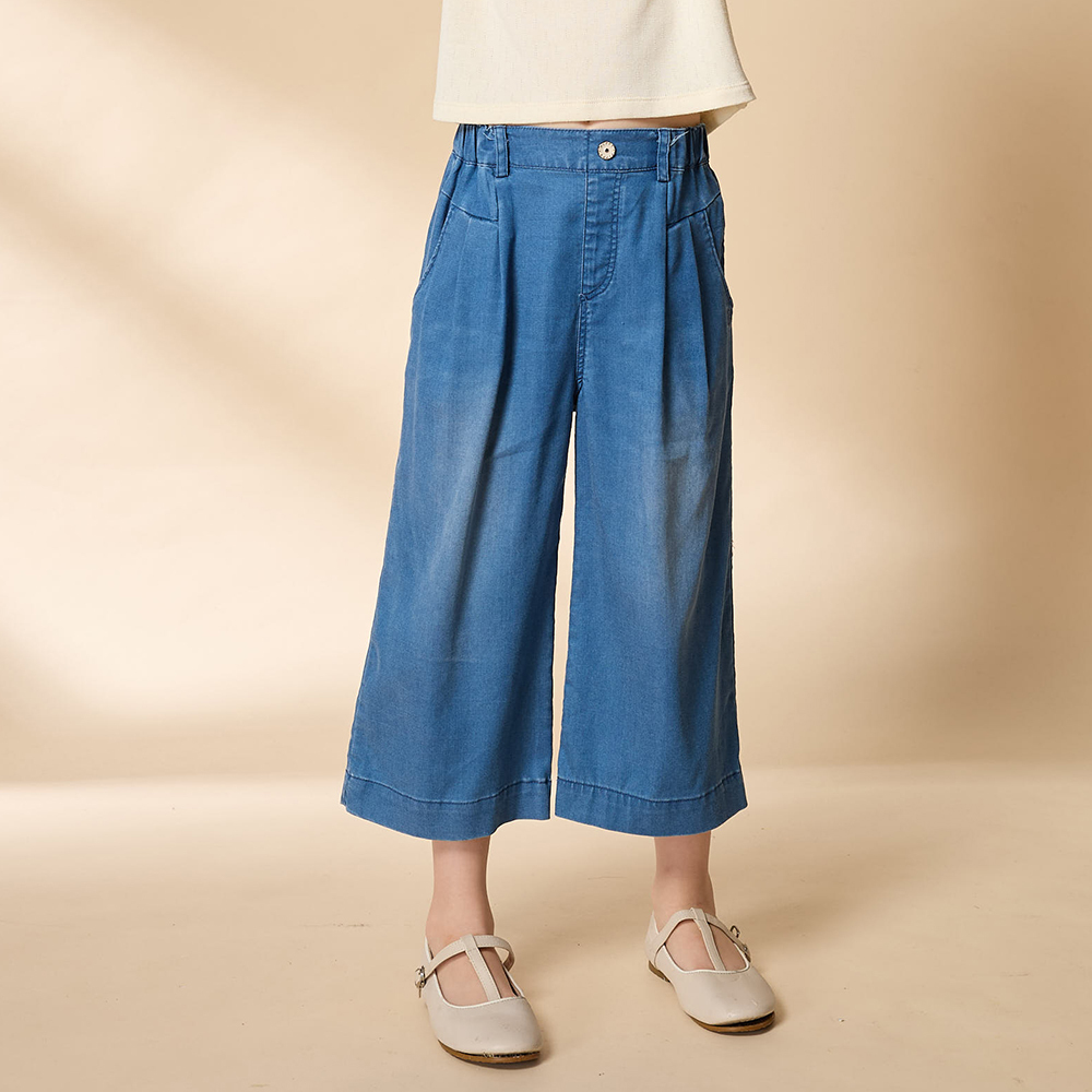 PIPPY 優雅舒適天絲棉寬口9分長褲 藍