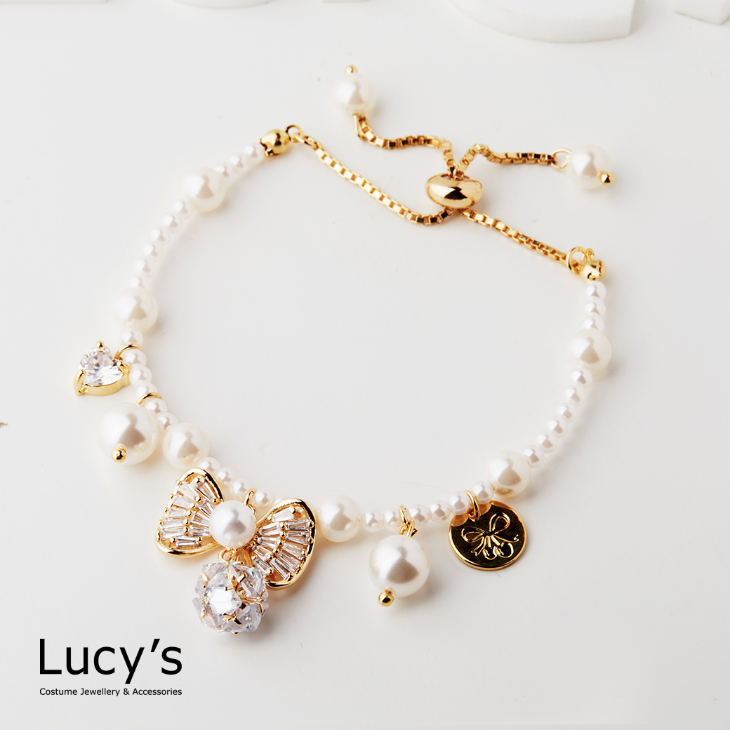 蝴蝶結珍珠 抽繩手鍊 (129336)