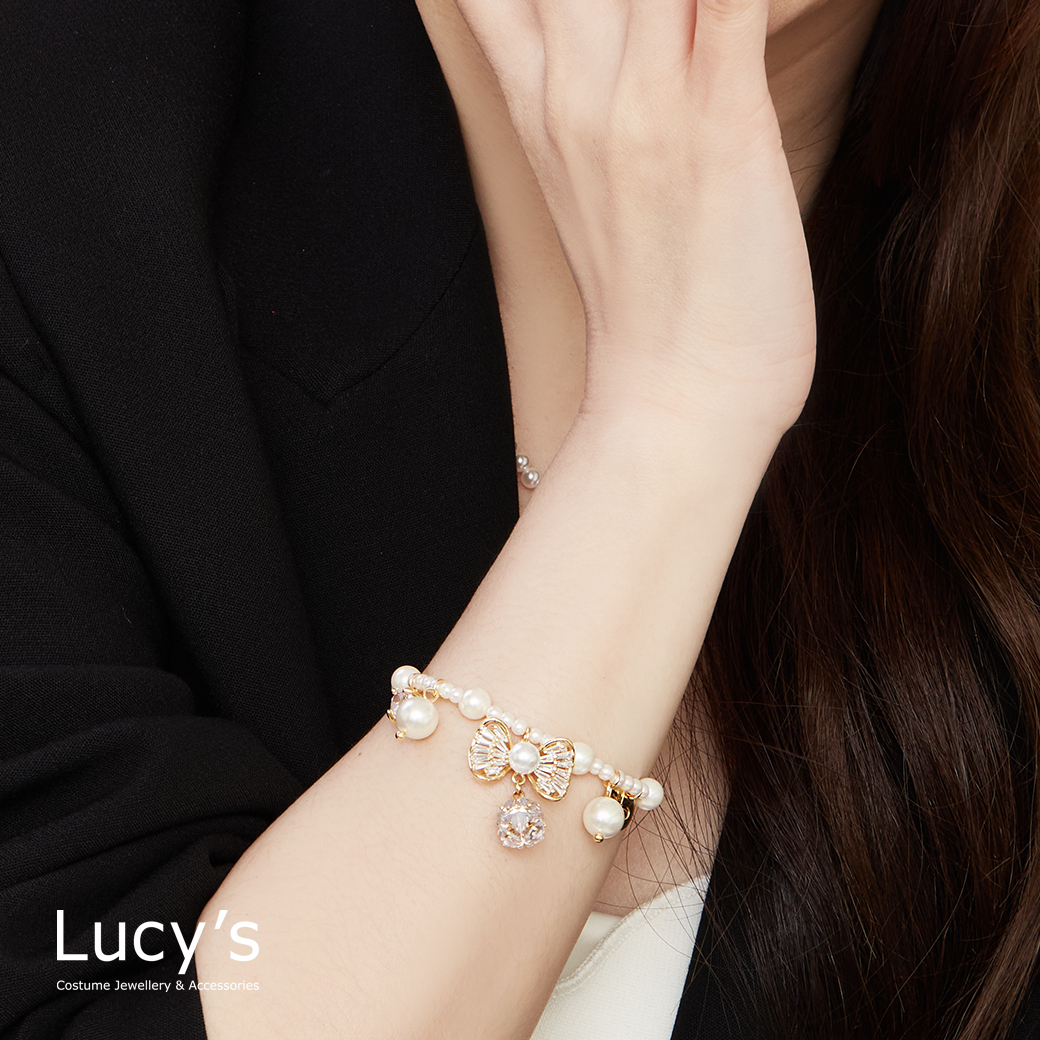 蝴蝶結珍珠 抽繩手鍊 (129336)