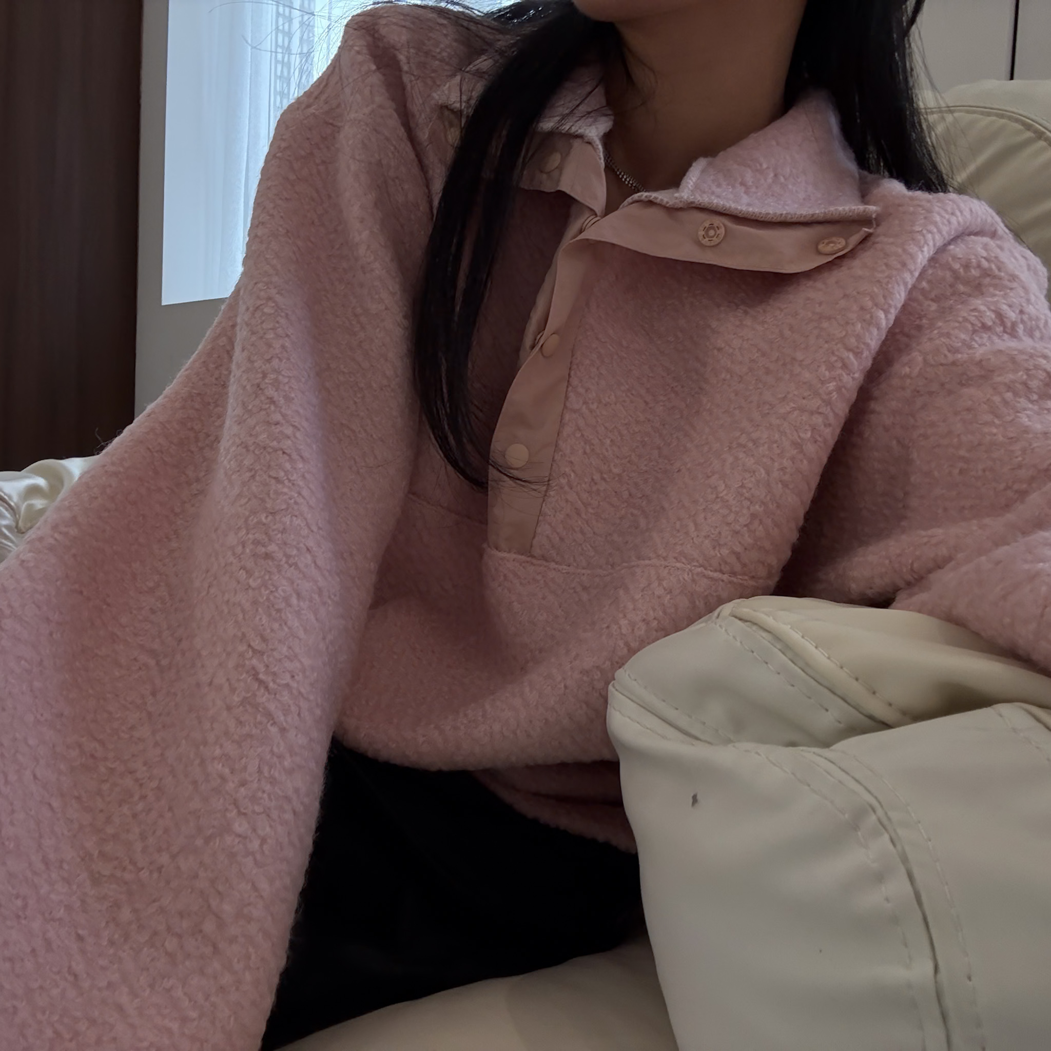 J31 下擺可縮雪點立領羊毛休閒上衣(粉）