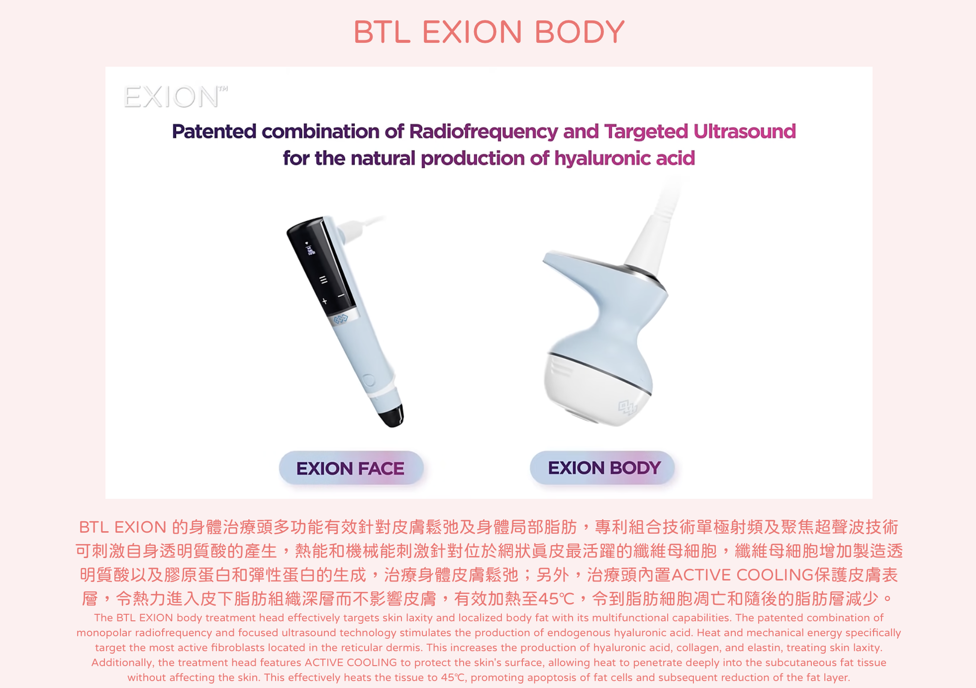BTL EXION 的身體治療頭多功能有效針對皮膚鬆弛及身體局部脂肪，專利組合技術單極射頻及聚焦超聲波技術可刺激自身透明質酸的產生，熱能和機械能刺激針對位於網狀真皮最活躍的纖維母細胞，纖維母細胞增加製造透明質酸以及膠原蛋白和彈性蛋白的生成，治療身體皮膚鬆弛；另外，治療頭內置ACTIVE COOLING保護皮膚表層，令熱力進入皮下脂肪組織深層而不影響皮膚，有效加熱至45°C，令到脂肪細胞凋亡和隨後的脂肪層減少。