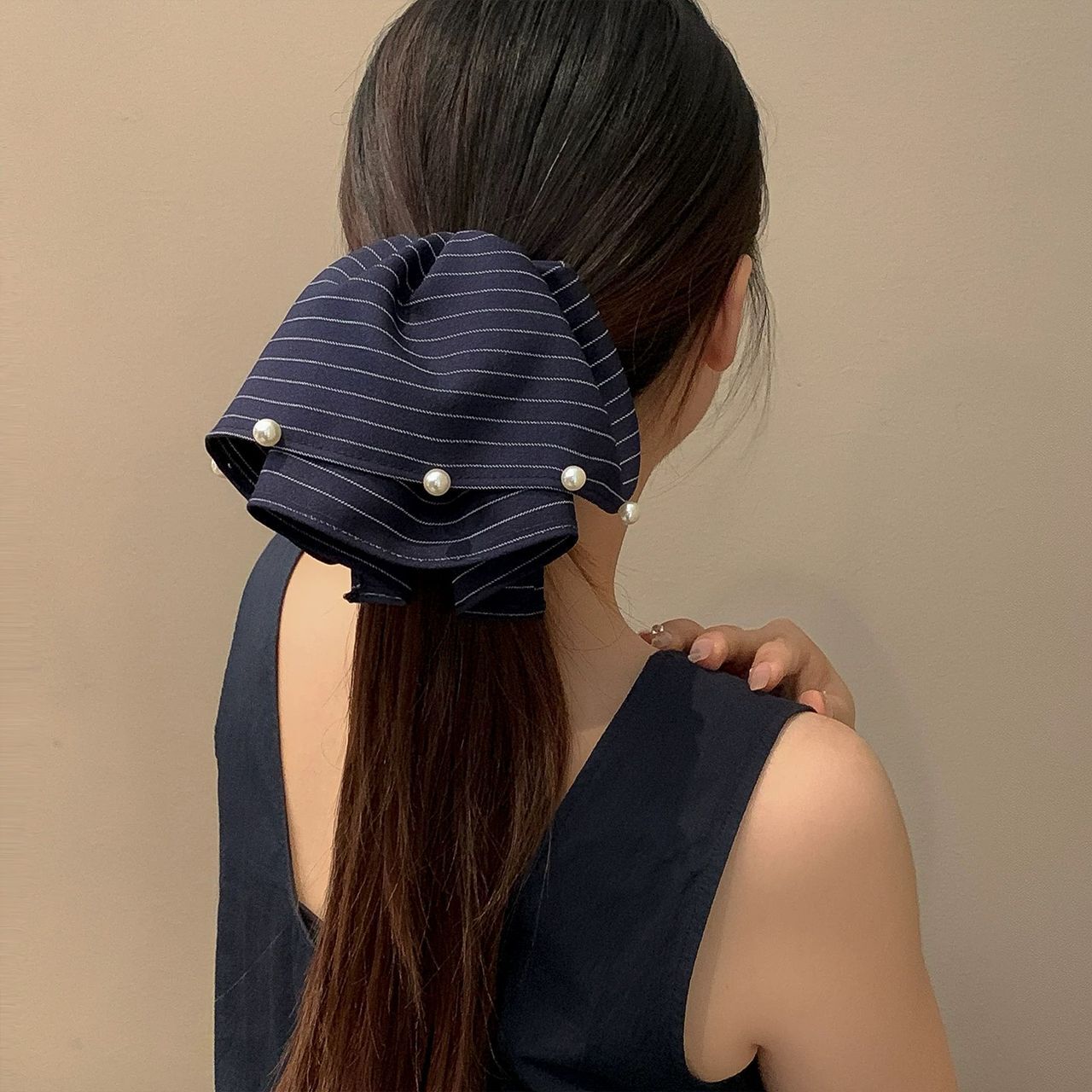 Blue Stripes with Pearl Ponytail Hair Claw