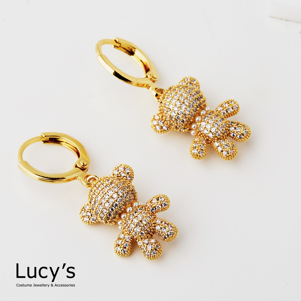 滿鑽珍珠小熊 易扣耳環 (129361)