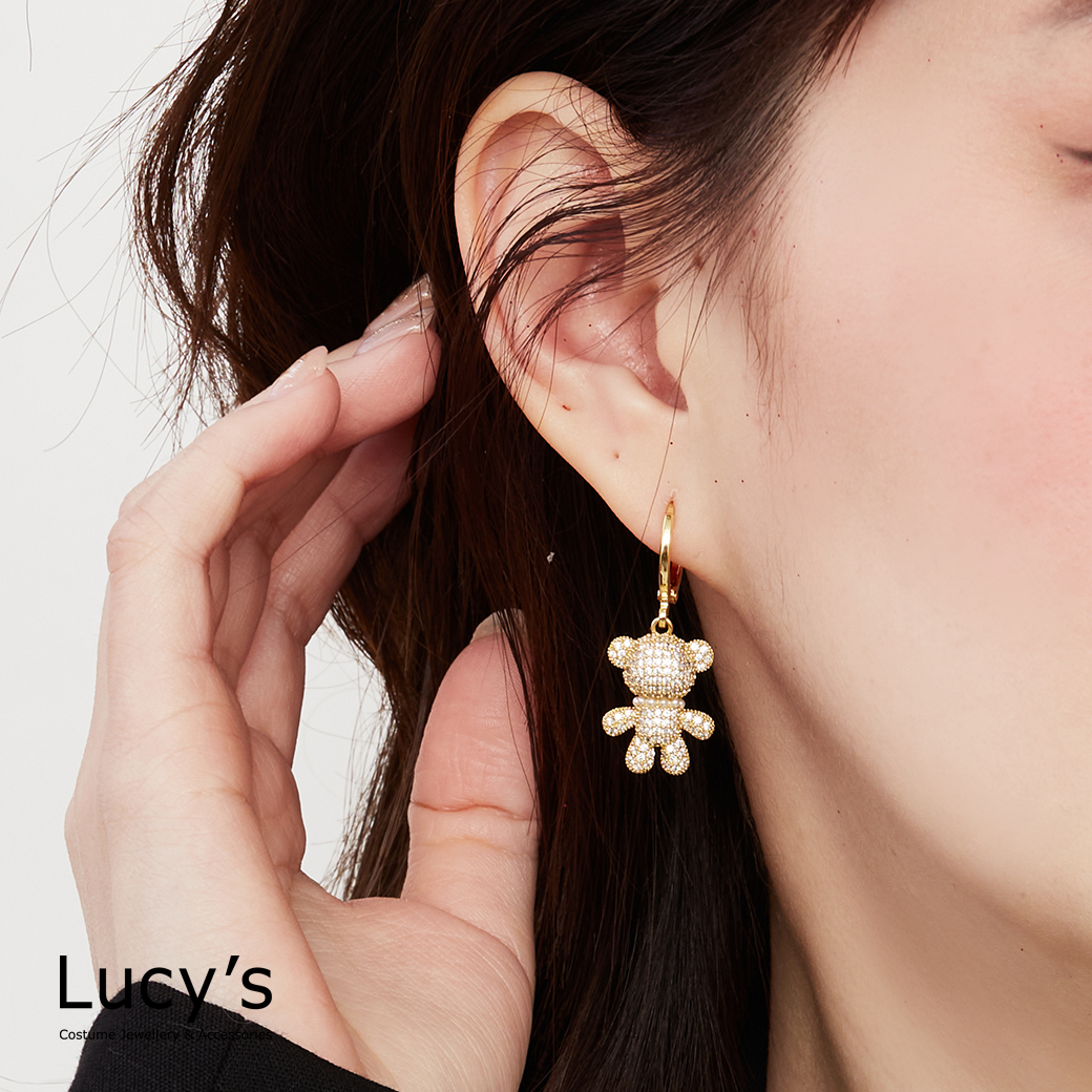 滿鑽珍珠小熊 易扣耳環 (129361)