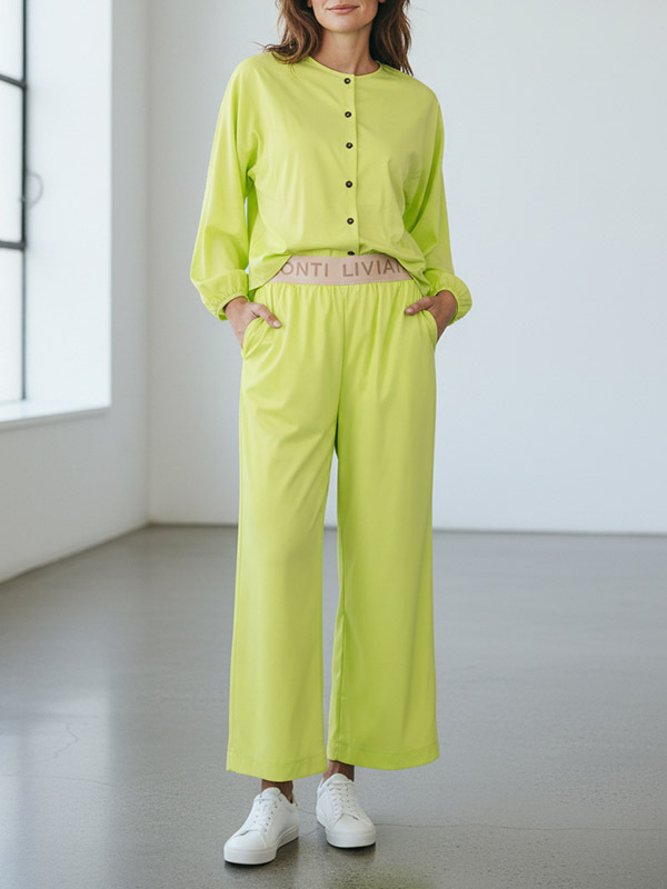 圓領排釦澎袖襯衫 (亮綠)