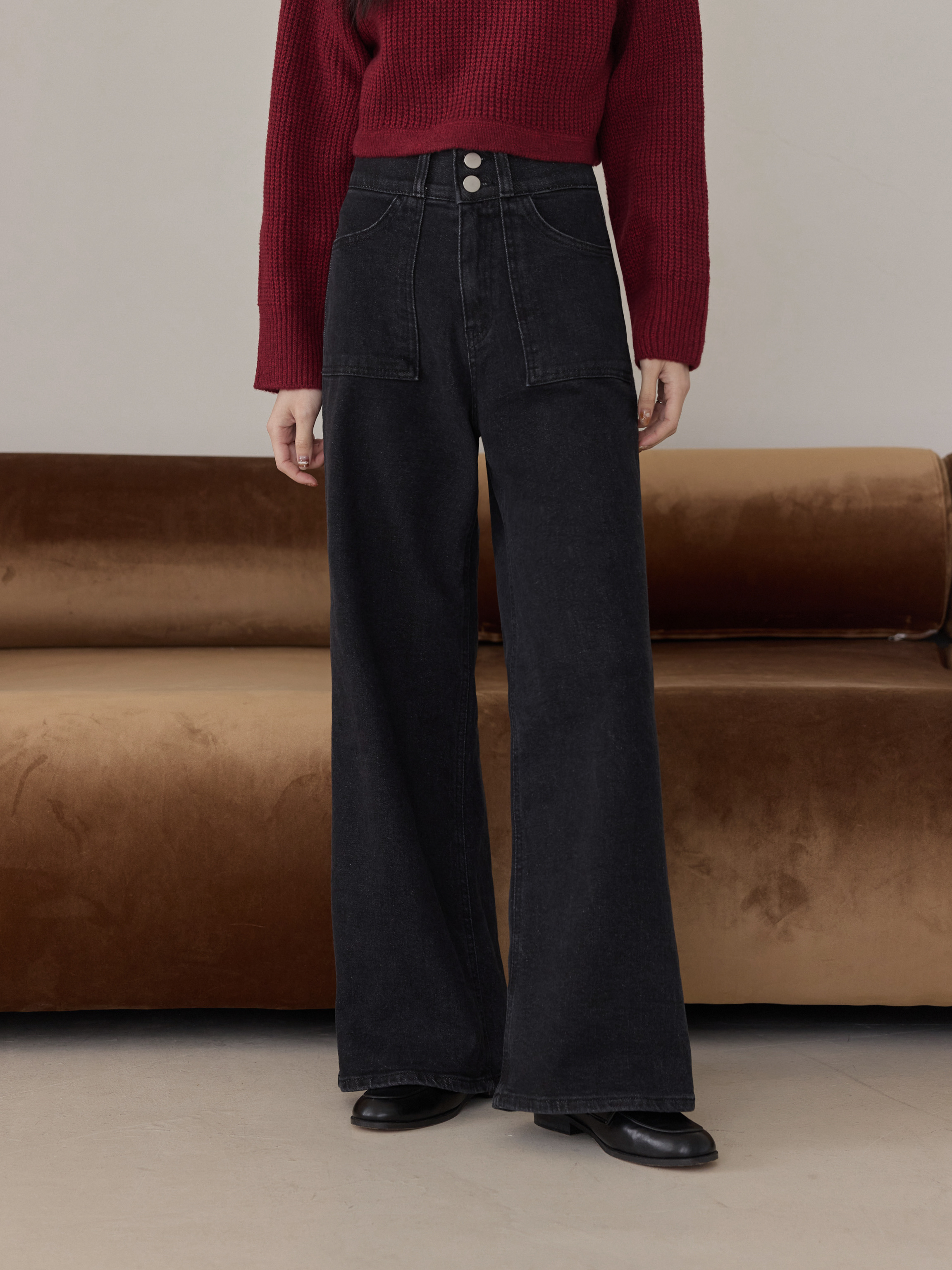 炭黑雙釦顯瘦牛仔寬褲