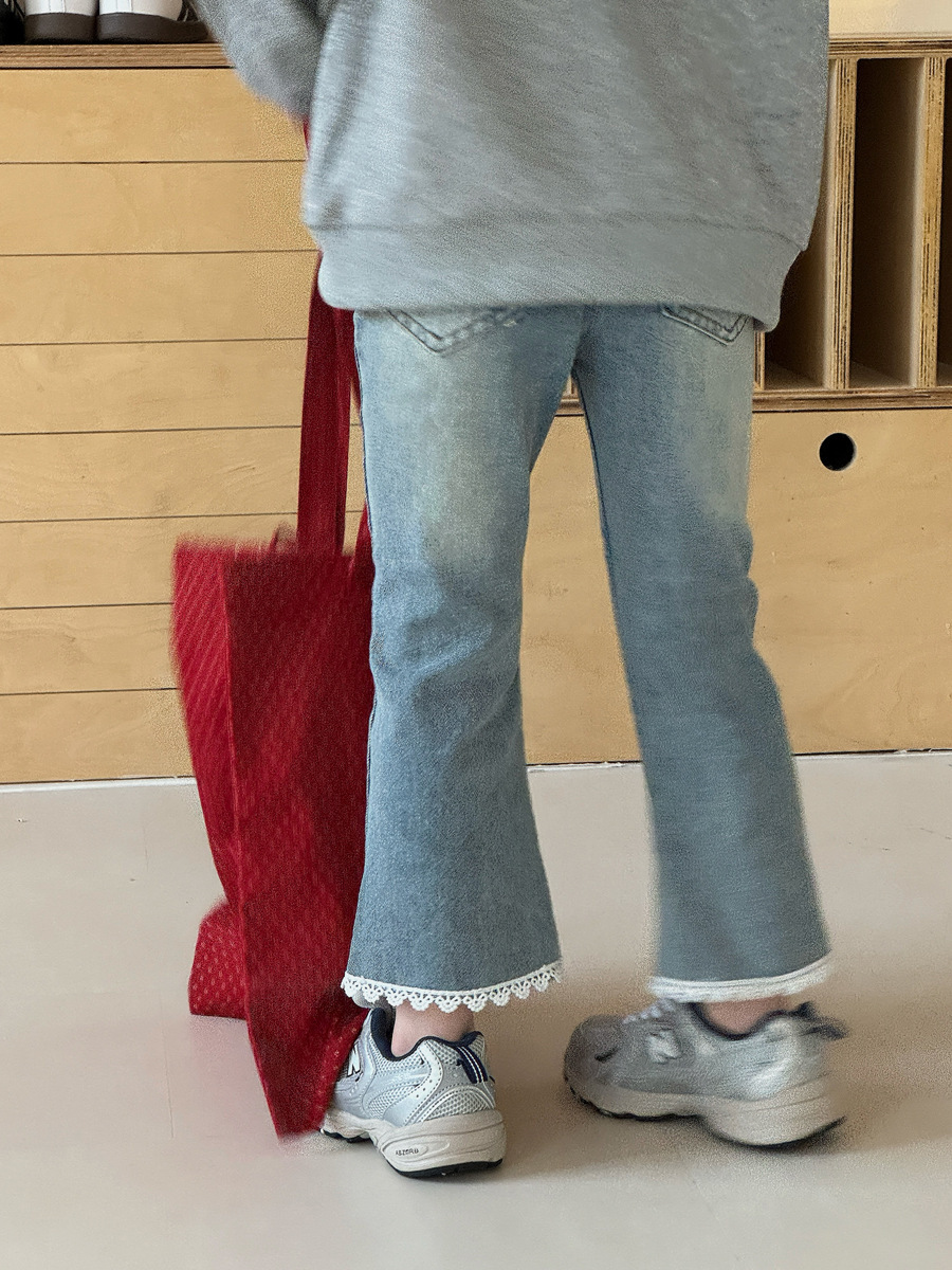 【H0282】蕾絲花邊開衩牛仔喇叭褲(90-150)