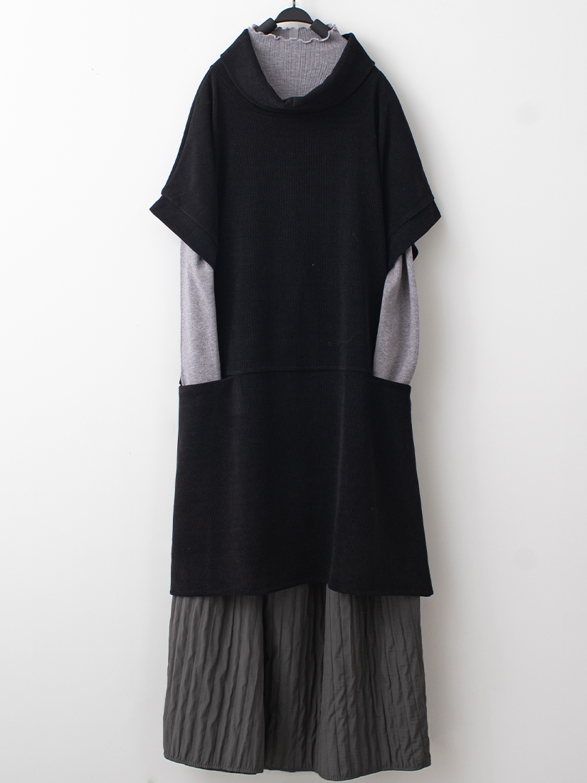 翻領條絨上衣柔軟內搭針織壓縐花苞長裙組合