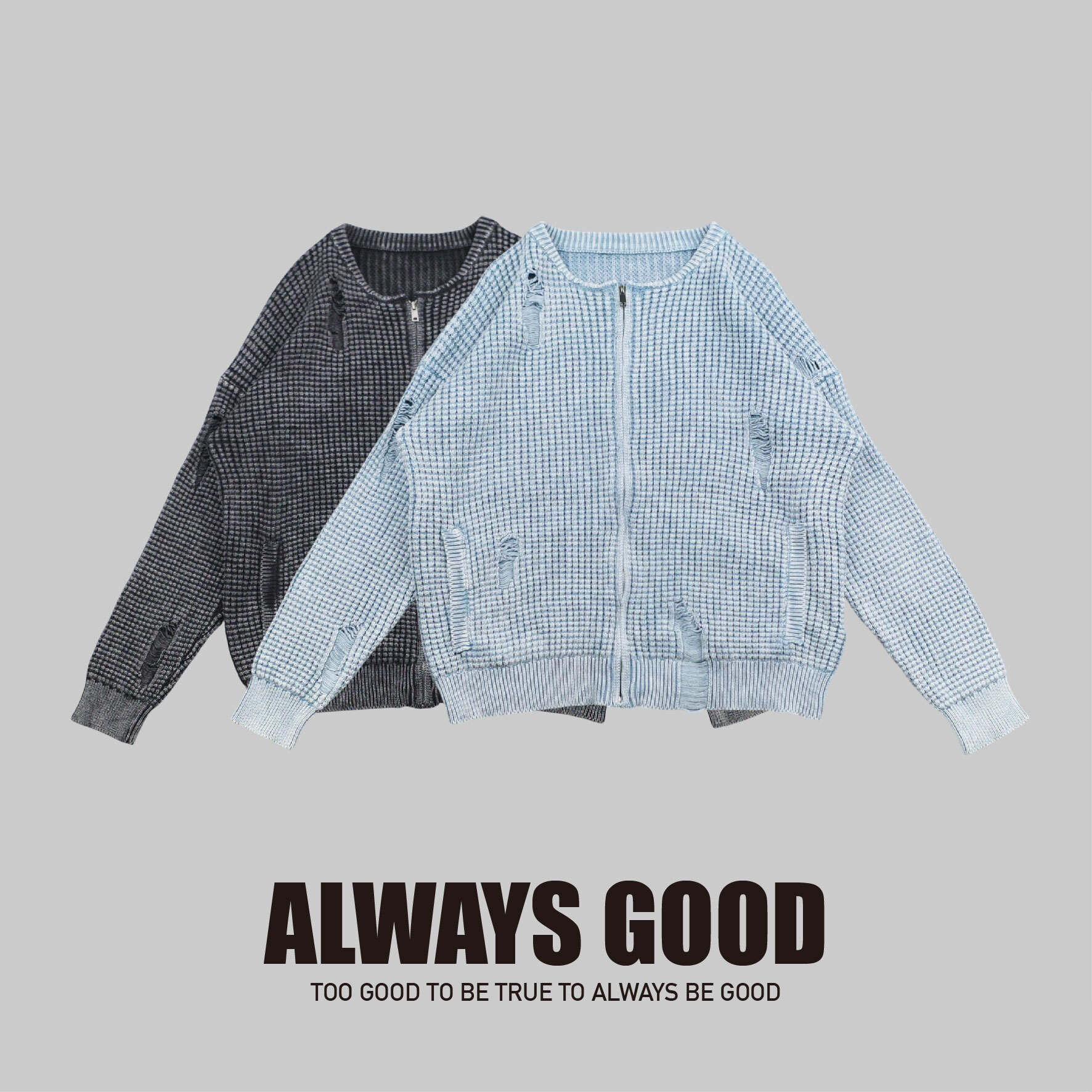 『Always_Good』水洗 做舊 刷破 無領 針織 毛衣 外套