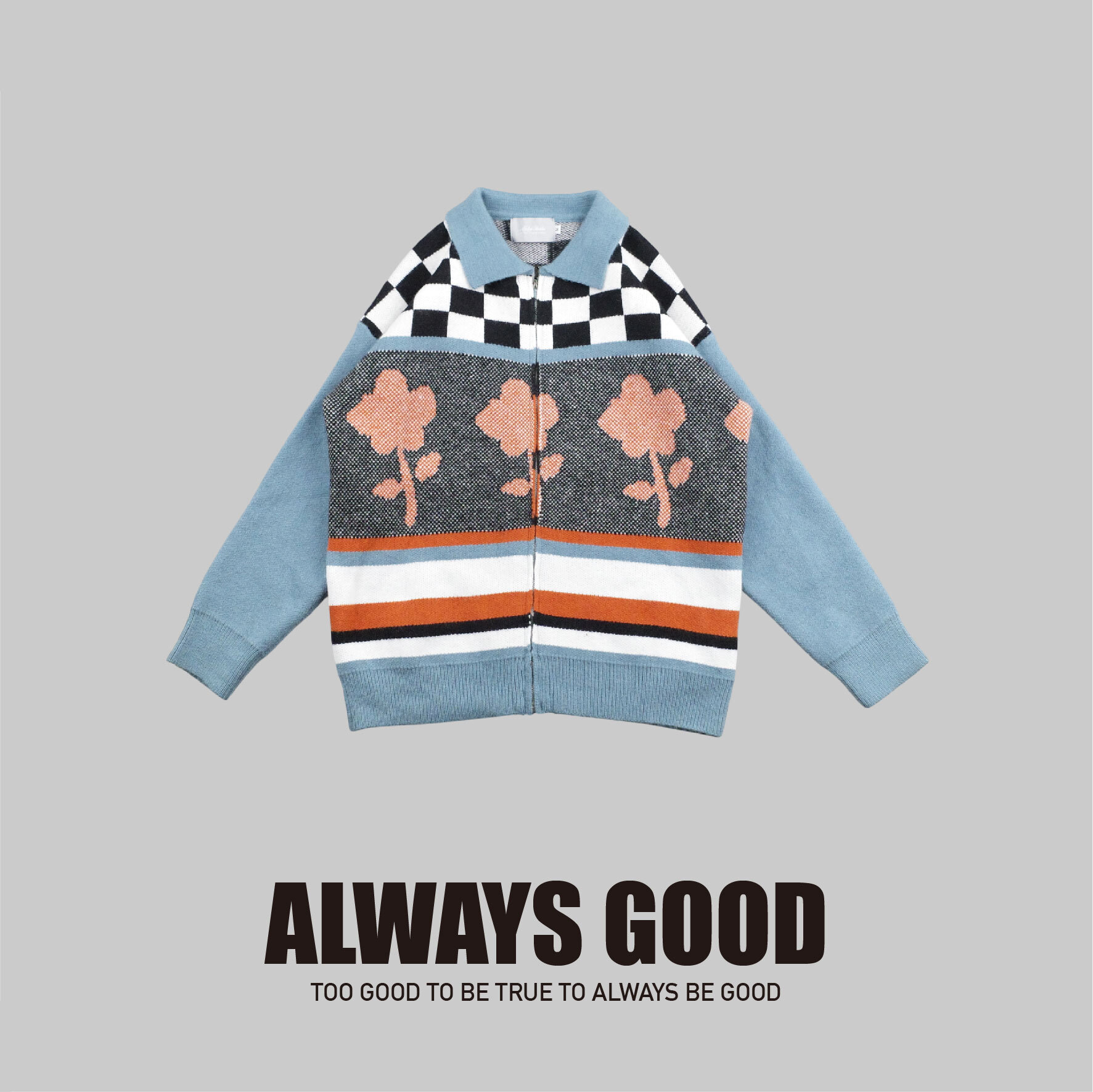 『Always_Good』花朵 撞色 翻領 開襟 針織 外套