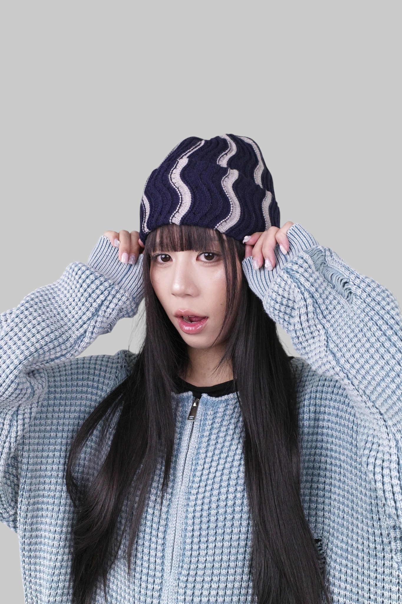 『Always_Good』波浪條紋 拼接 針織 毛帽