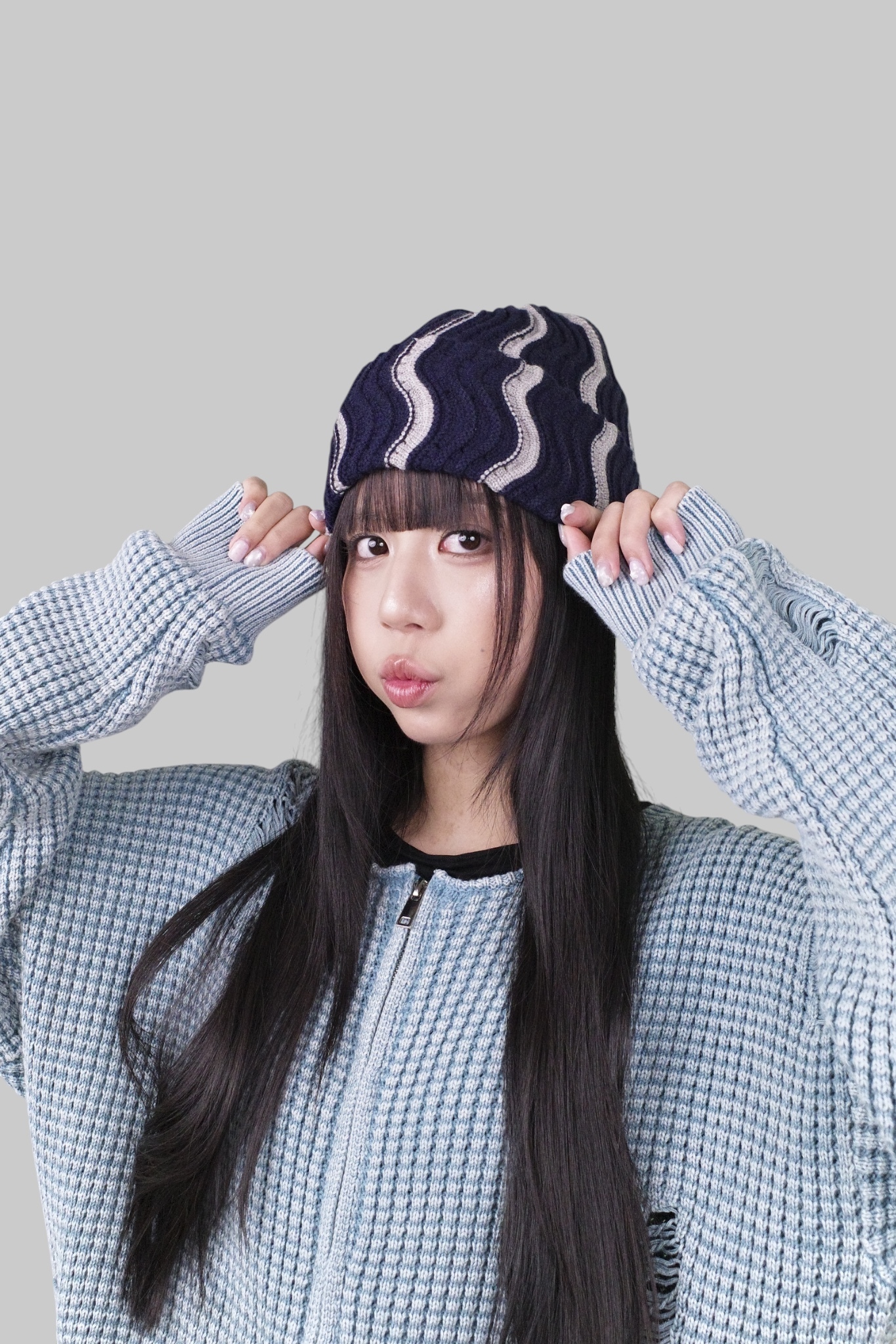 『Always_Good』波浪條紋 拼接 針織 毛帽