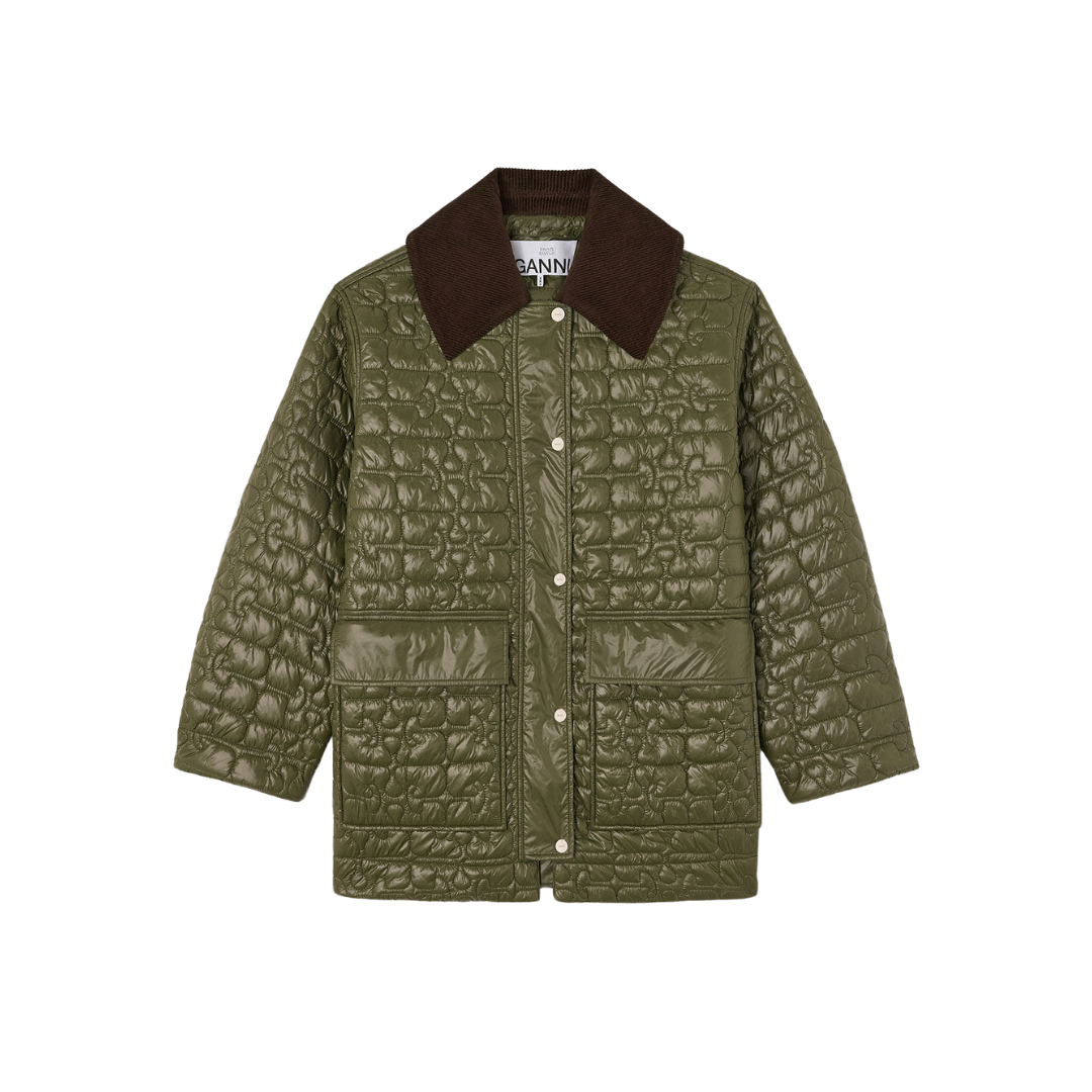 1FF0101-361 [GANNI] Shiny Quilt Midi Jacket Kalamata (SS26) #A1010078 (C-EU-E)