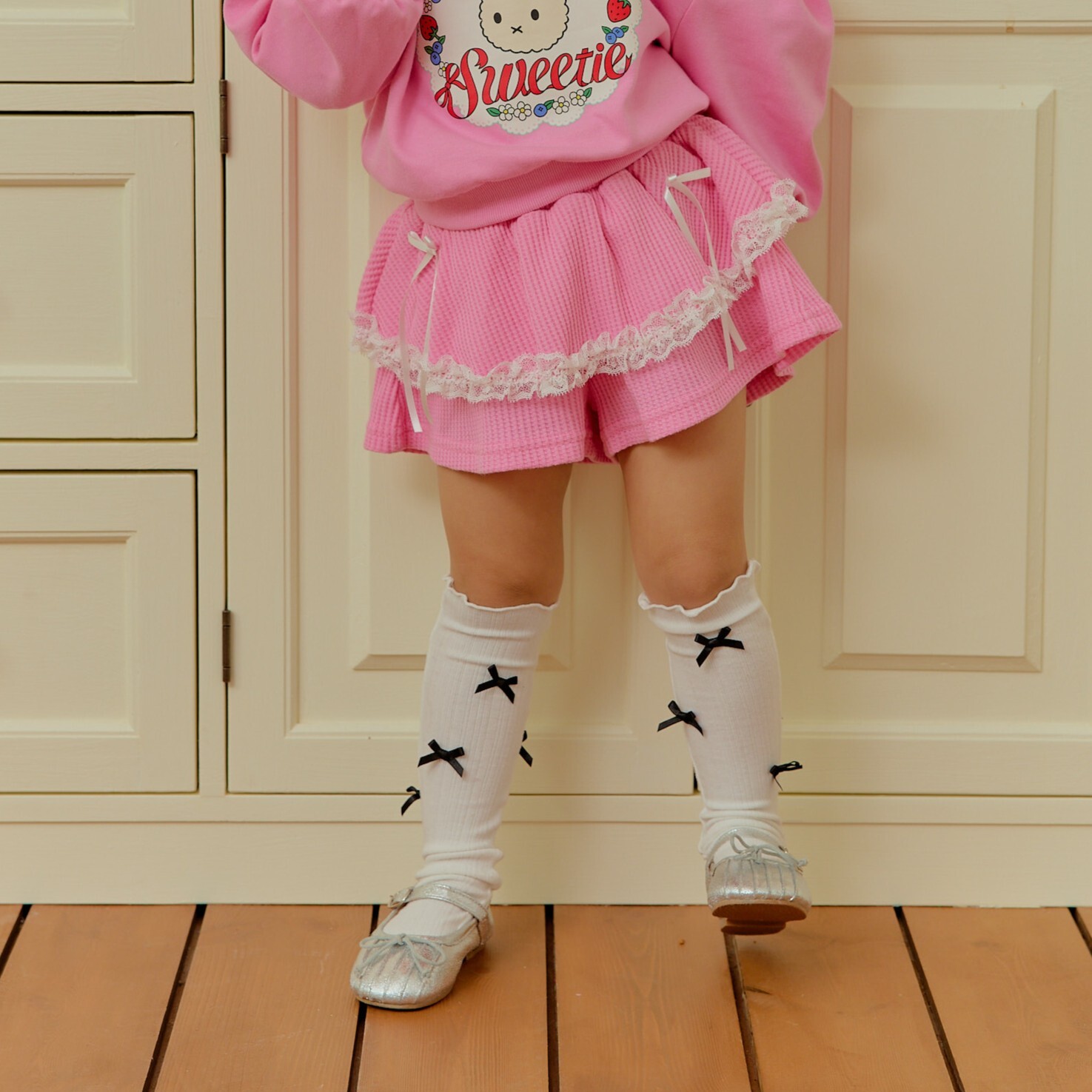 90-130 緞帶蕾絲華夫格褲裙 2色