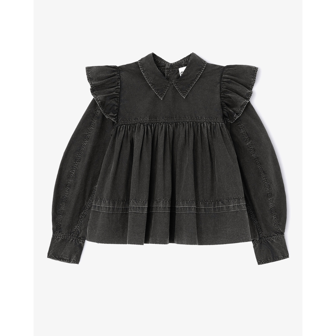 1FF0101-362 [GANNI] Washed Frill Blouse Jet Black (SS26) #A1040061 (C-EU-E)