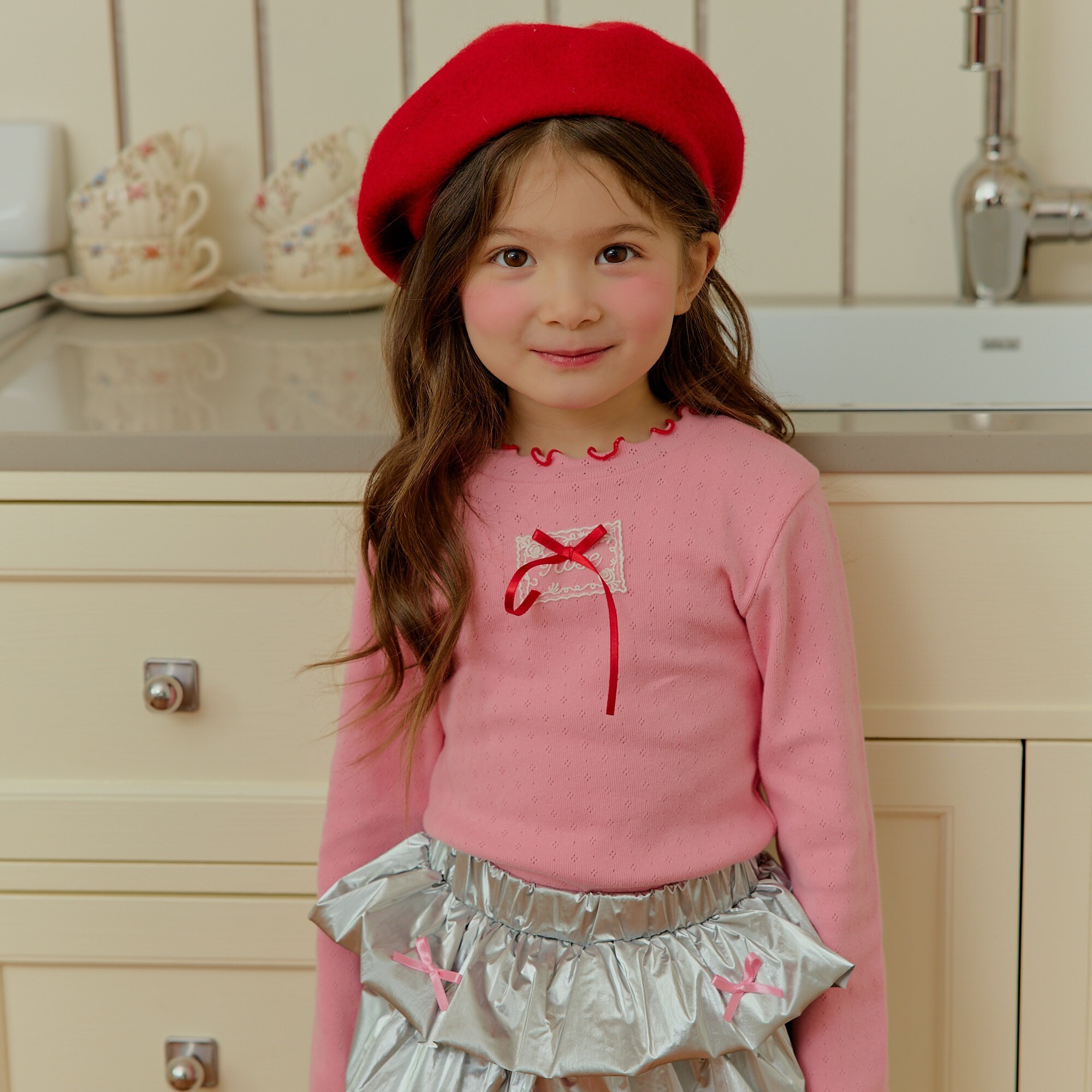 90-130 紅色捲邊緞帶上衣 2色