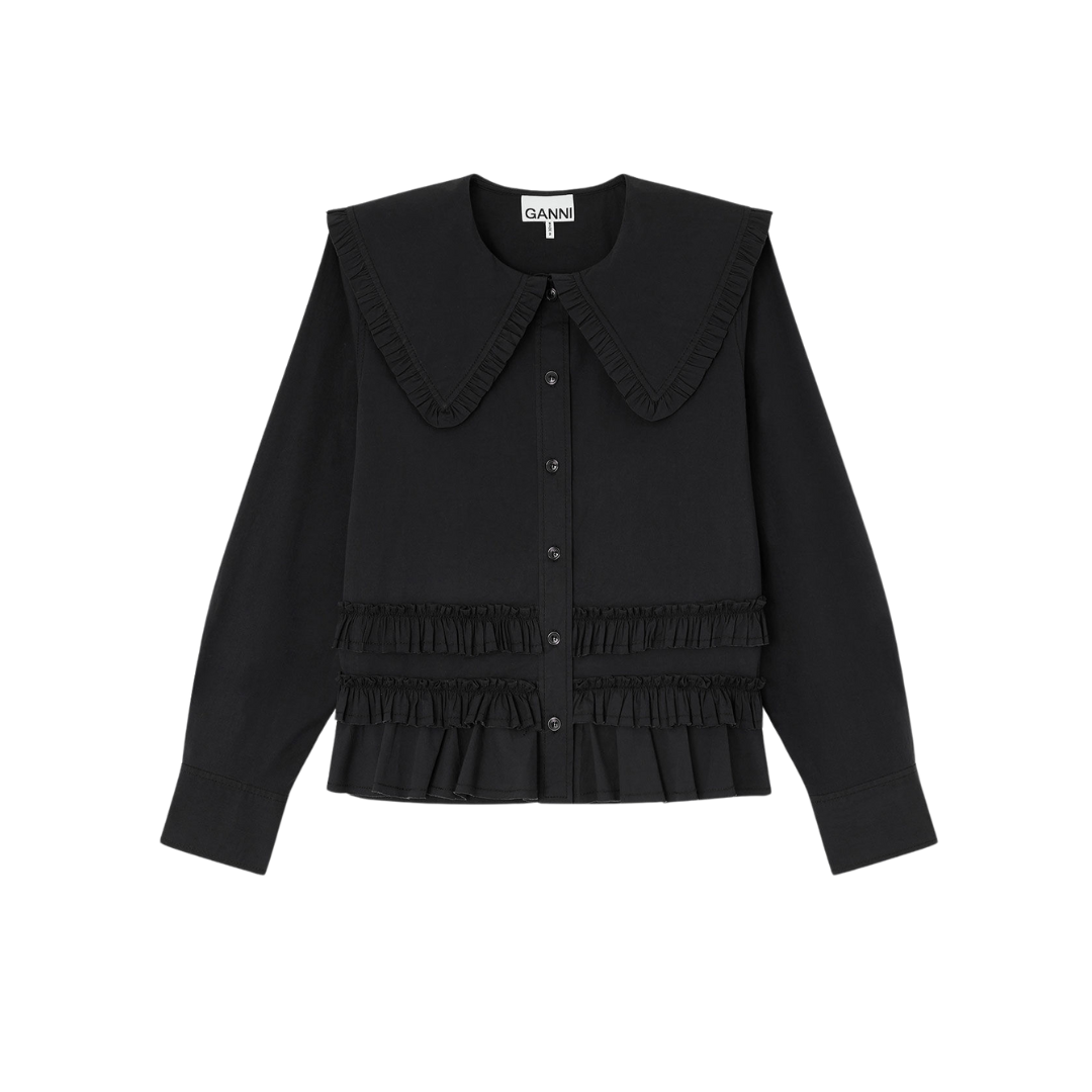 1FF0101-364 [GANNI] Stretch Cotton Ruffle Shirt Jet Black (SS26) #A1040096 (C-EU-E)