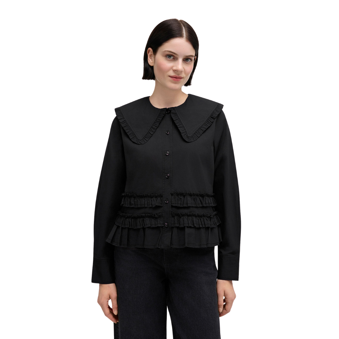 1FF0101-364 [GANNI] Stretch Cotton Ruffle Shirt Jet Black (SS26) #A1040096 (C-EU-E)