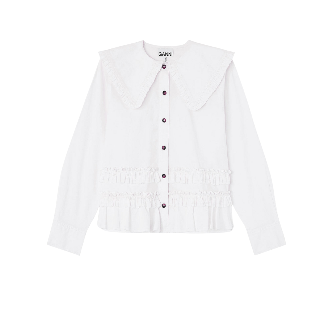 1FF0101-365 [GANNI] Stretch Cotton Ruffle Shirt Snow White (SS26) #A1040096 (C-EU-E)