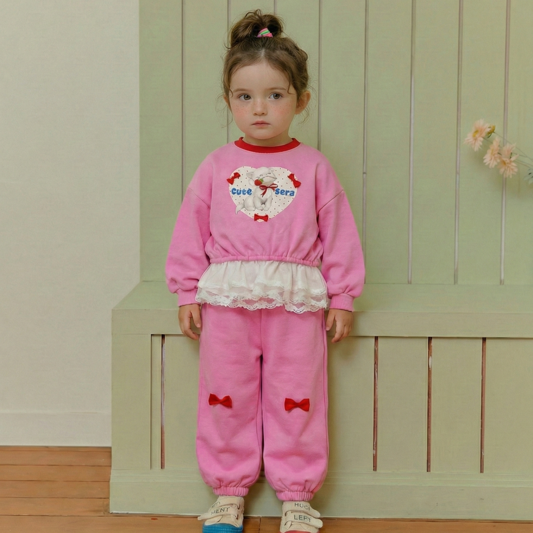 90-130 蝴蝶結貓咪蕾絲休閒套裝 2色