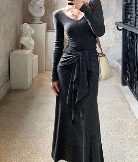 山羊絨 假2件長袖洋裝(咖/深灰)