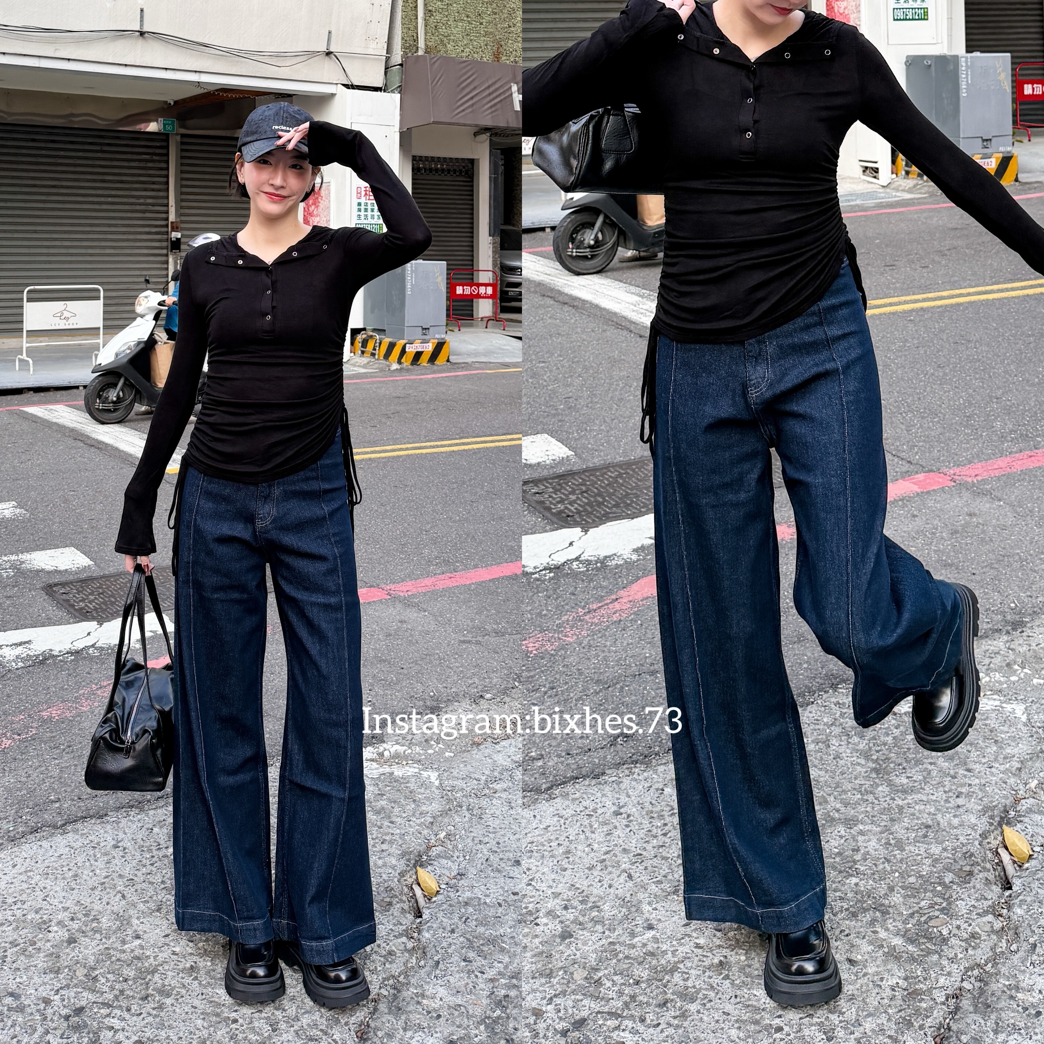 復古深藍縫線牛仔寬褲(E00068)